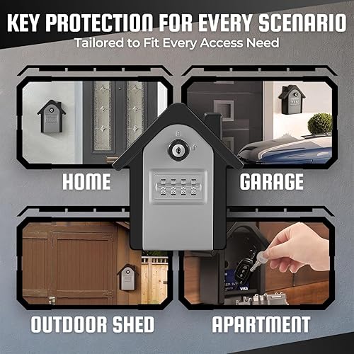 Miniatura 9 de Flexzion Soporte de pared para llaves con código, caja de seguridad montada en la pared en forma de casa para llaves, caja de bloqueo de combinación