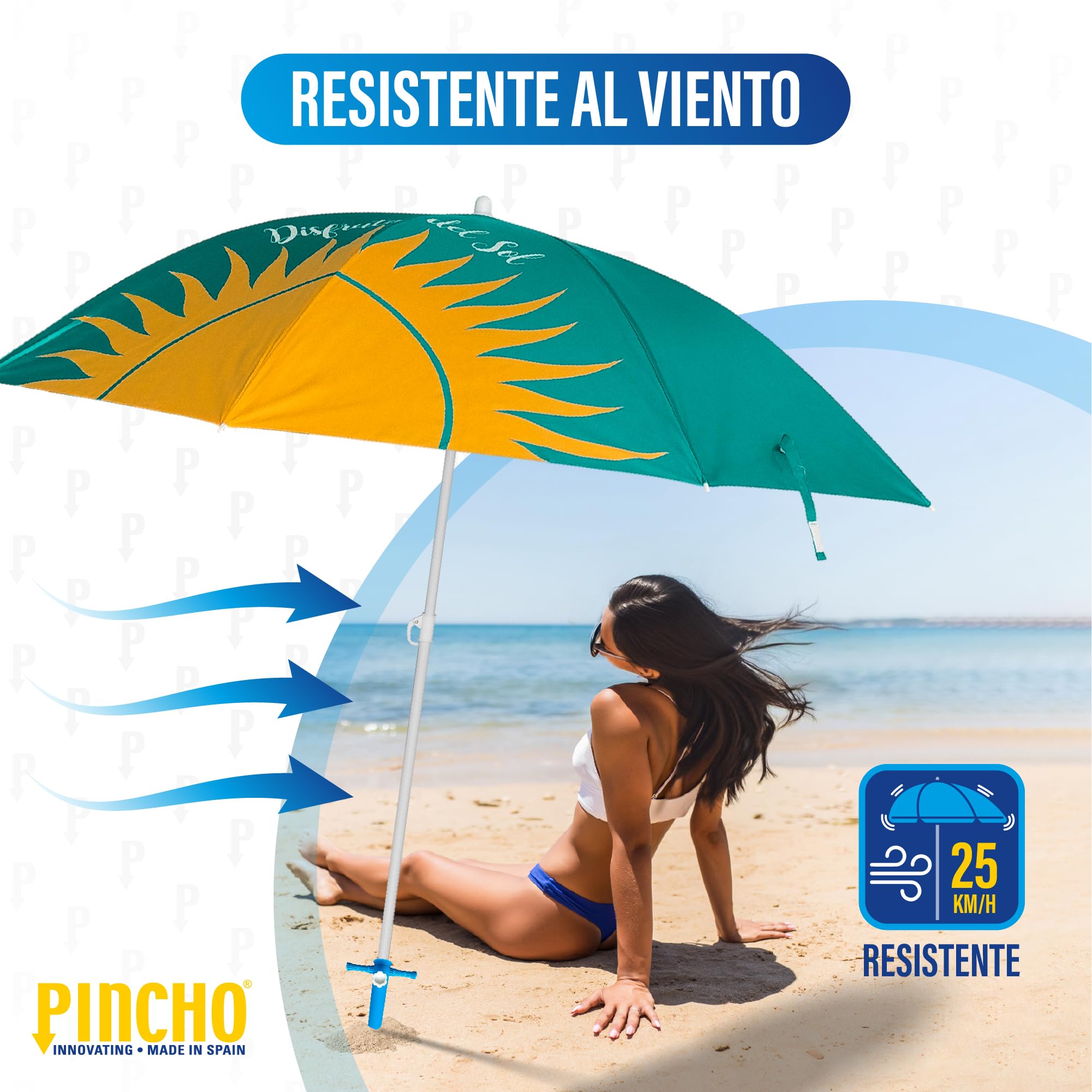 Pincho Parasol de plage en acier avec revêtement antirouille, 180 cm de diamètre. 8 baleines en acier. Facteur de protection solaire UPF 50+, Sol
