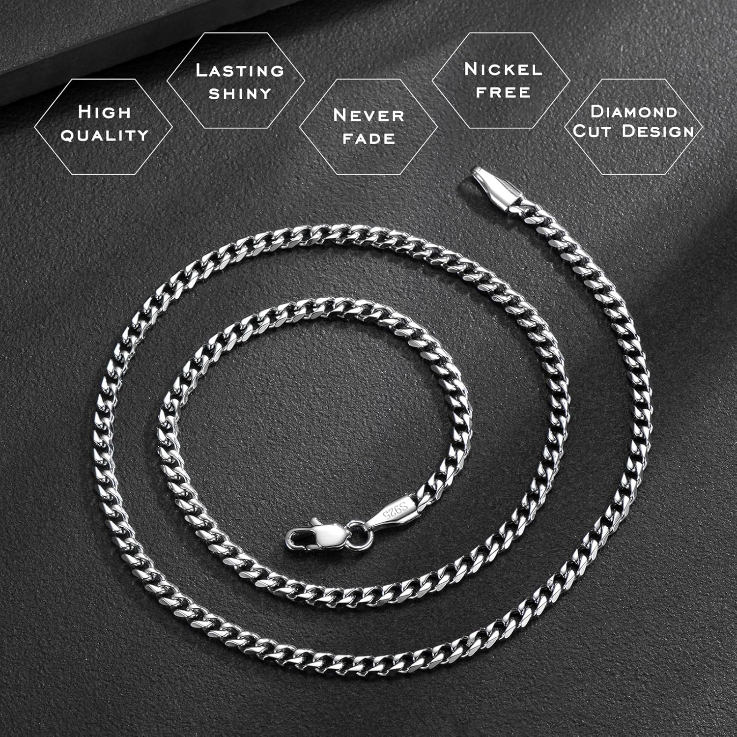 3.5mm Cuban Link Curb Chain Necklace for Women Men 925 Sterling Silver Plated Stainless Steel Necklace Available In 16/18/20/22/24/26/28/30 Inches Silver Chain Necklace for Men Come Gift Box