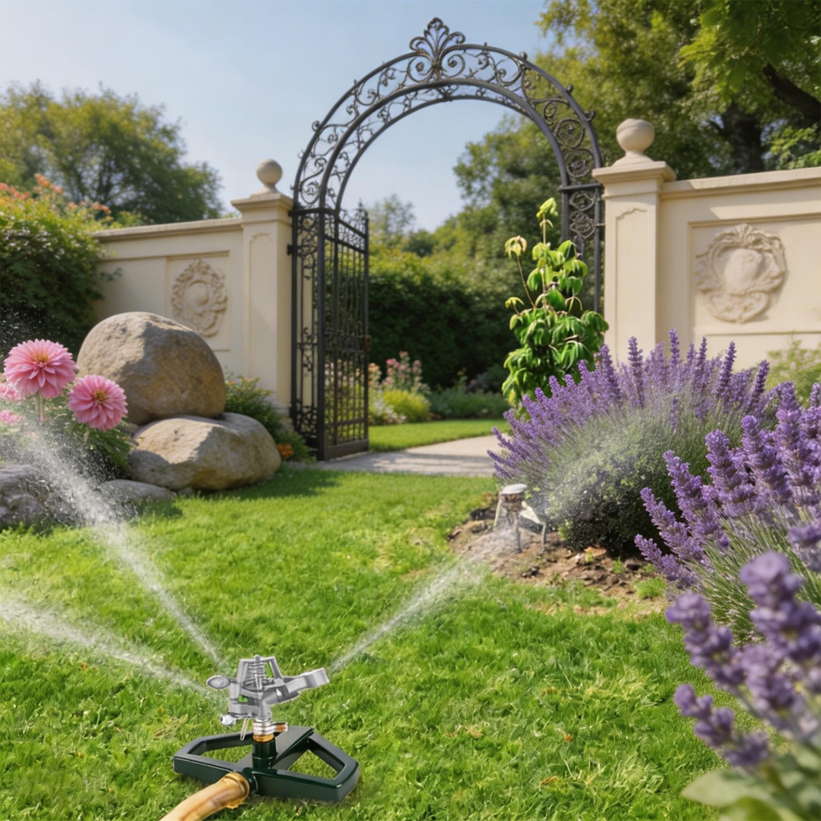 Arroseur Jardin avec Base Métallique, Arroseur Rotatif Automatique à 360°, Arroseur à Impulsions pour Grandes Surfaces, Asperseur Arrosage pour Pelouse, Cour et Arrosage de l'herbe (Argenté)