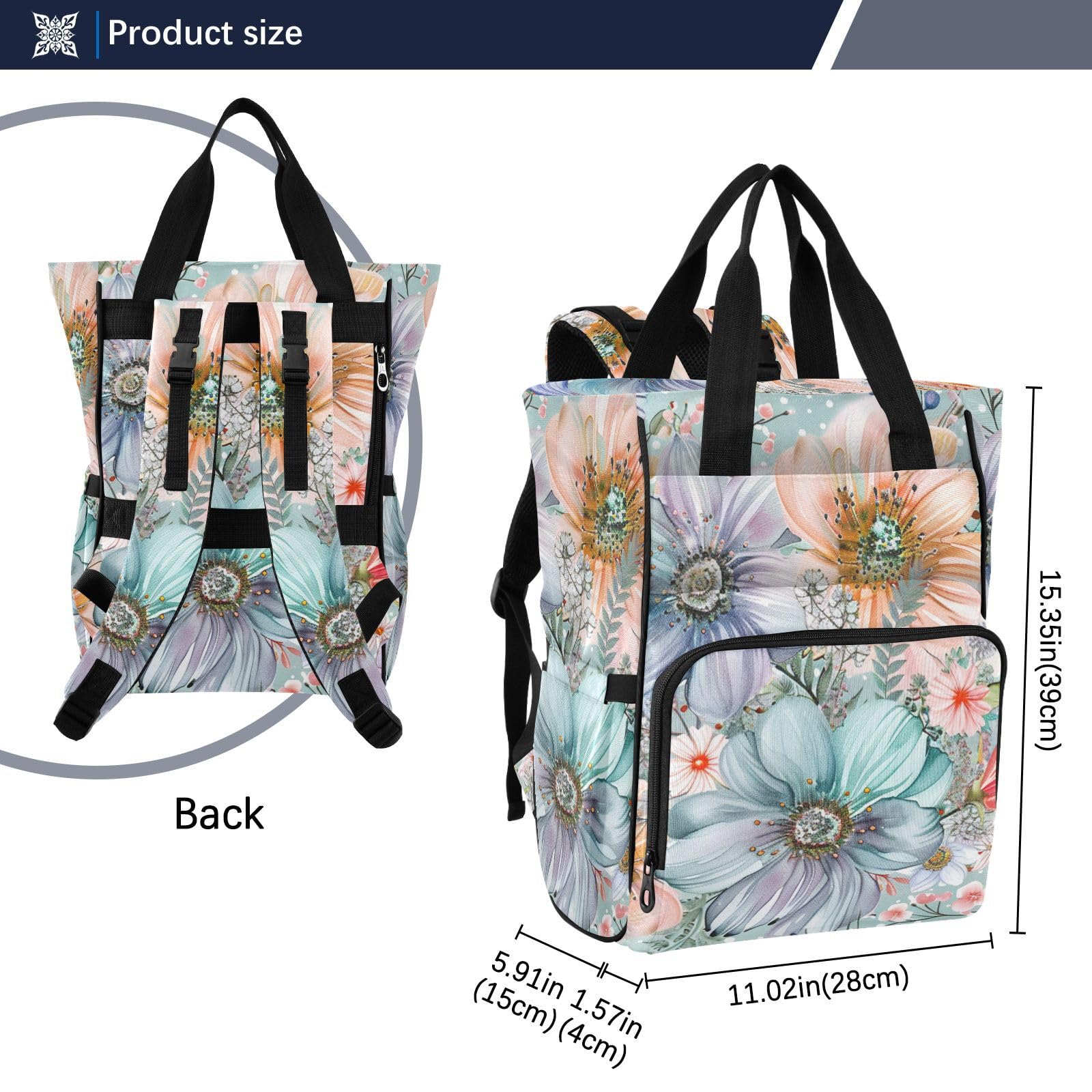 Mochila de pañales estilo bohemio floral brillante primavera
