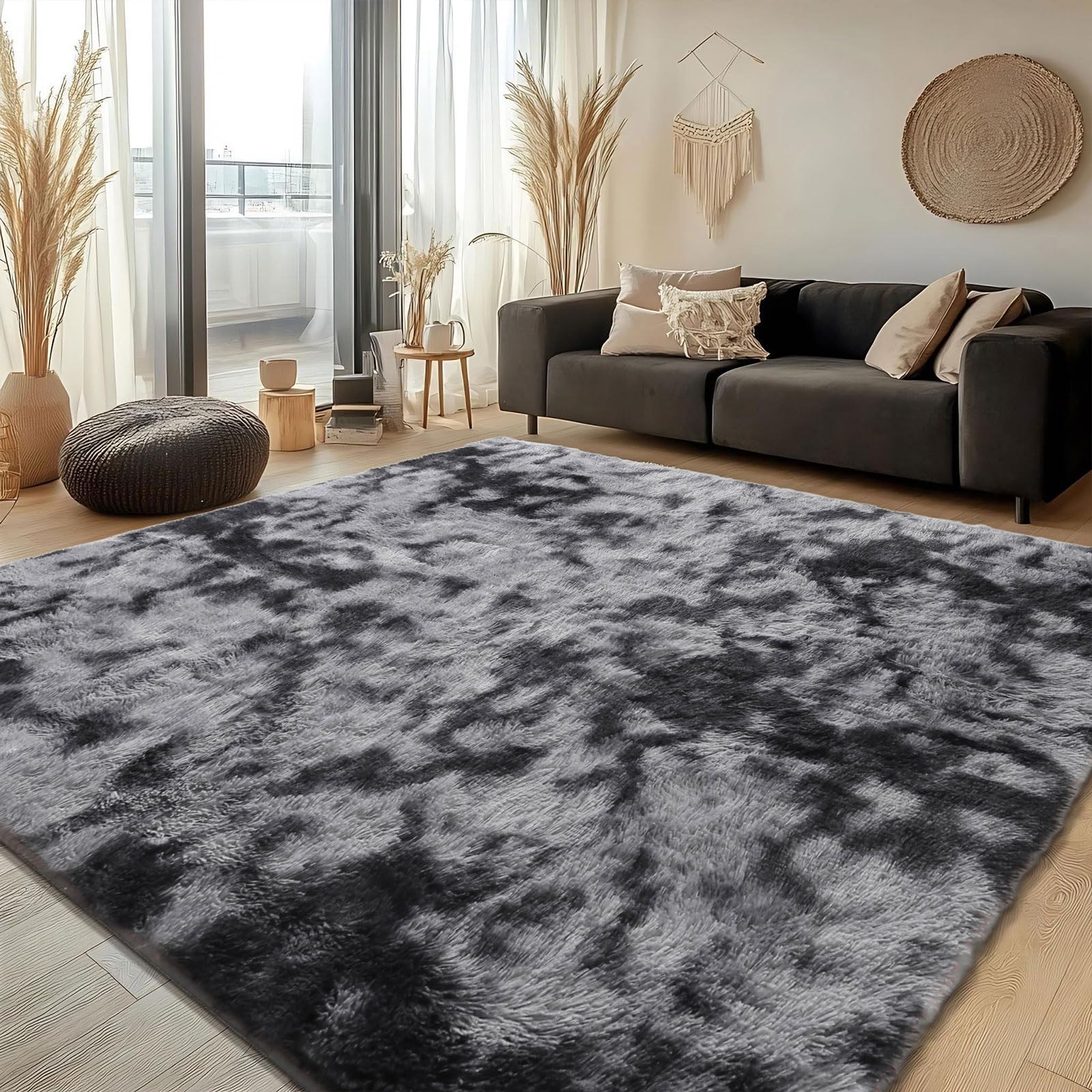 Alfombra Salón Pelo Largo Shaggy Alfombras de Habitacion Modernas Grandes Gris Alfombra Antideslizante Suave para Dormitorio Comedor Alfombra de Felpa (200 x 200 cm, Gris Negro)