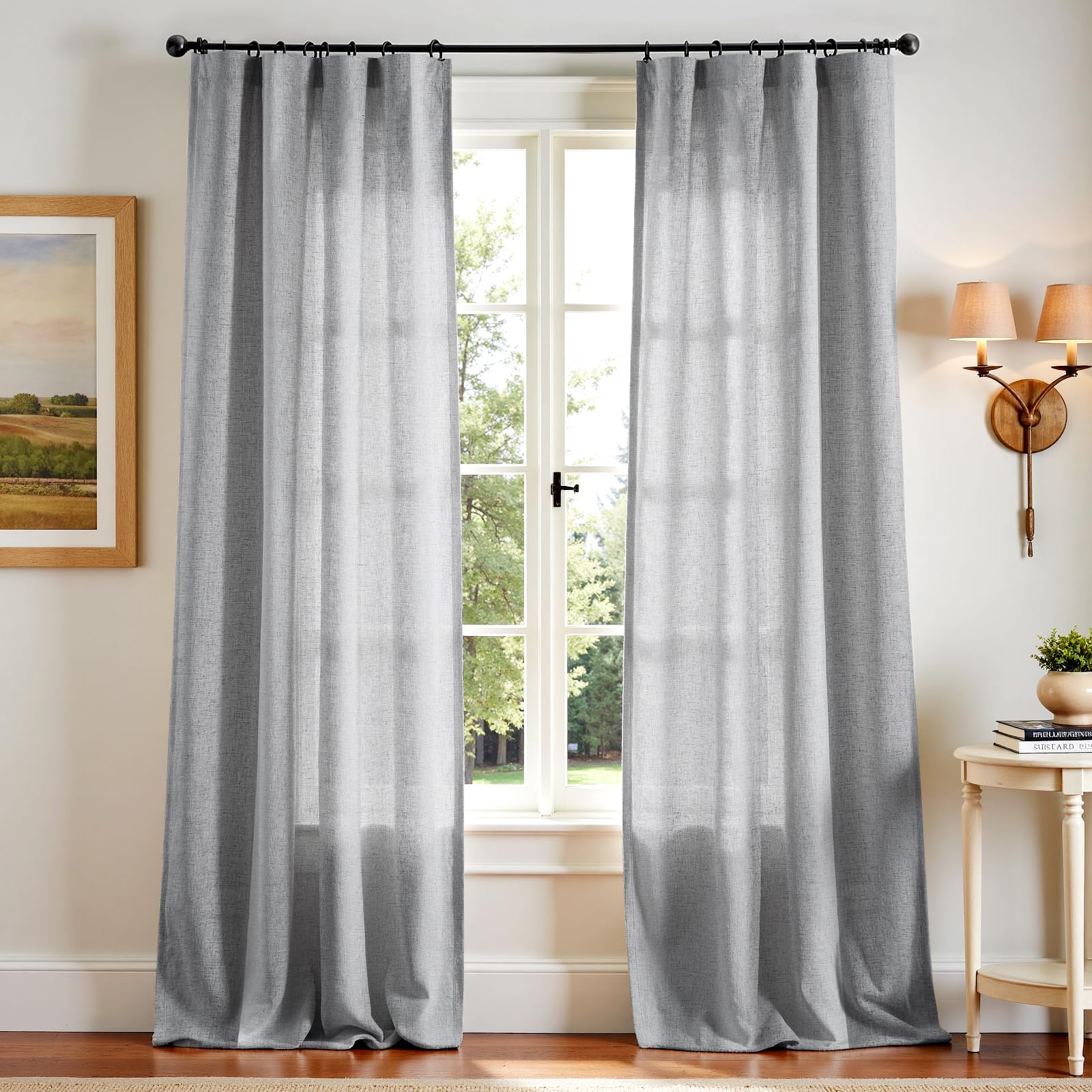 jinchan Grey Linen Blend Curtains 96 inch Length 2 Panels for Bedroom Living Room, Floor to Ceiling 50 inch Wide Farmhouse Drapes with Rod Pocket Back