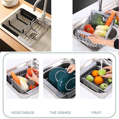 Miniatura 2 de Escurridor de platos, bandeja de drenaje ajustable de acero inoxidable para platos, verduras y frutas, 18.2 x 8.9 pulgadas, estante para platos en