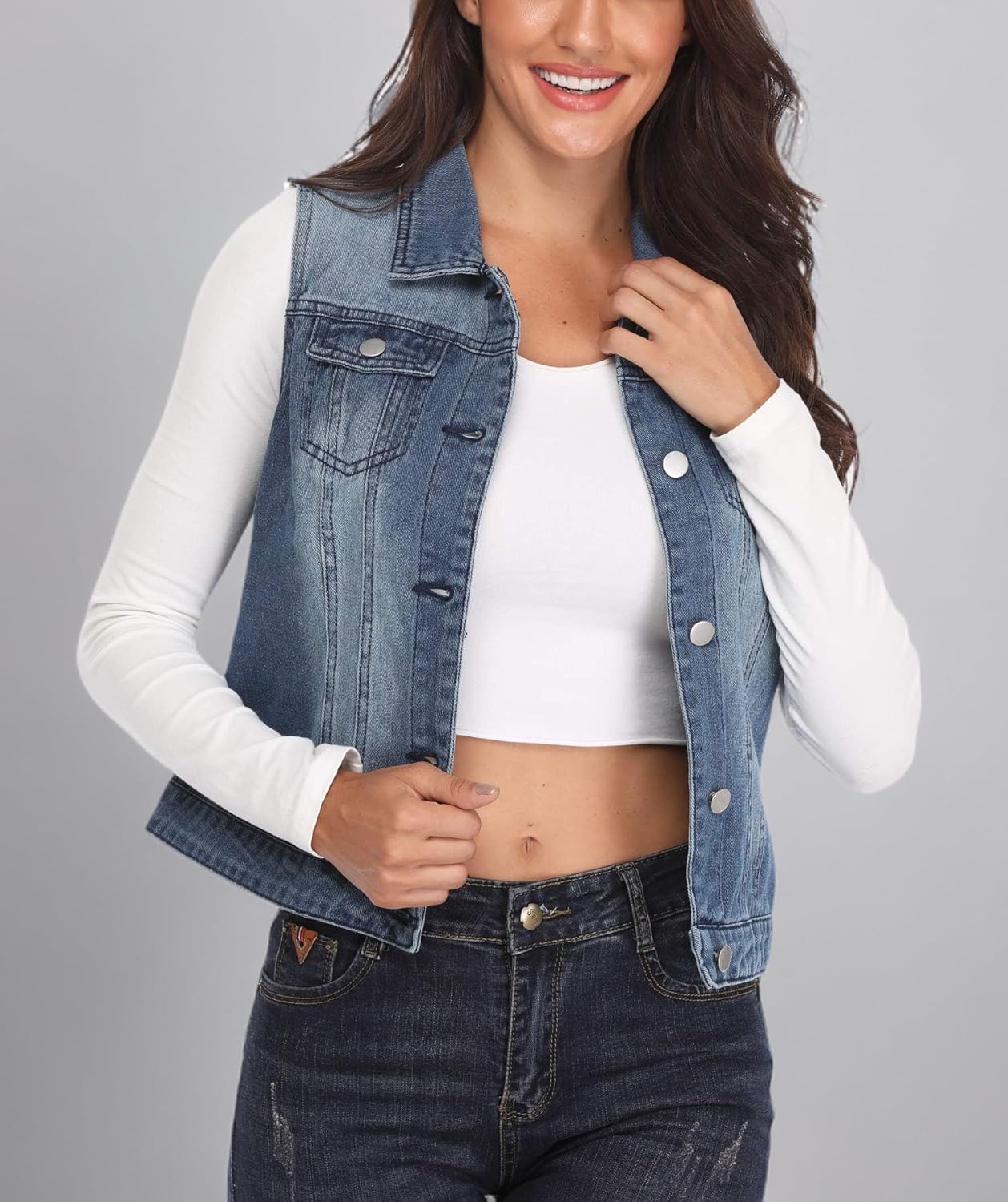 MISS MOLY Women's Denim Vest Cropped Classic Sleeveless Jean Vest Jackets With Flap Pockets - Image 6