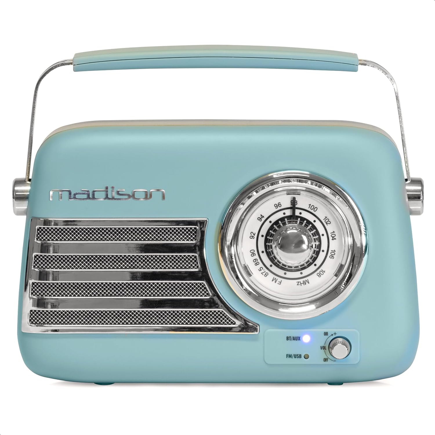 Bag view of the Madison FREESOUND-VR40 Vintage Radio, showing the telescopic antenna, USB port, AUX input, DC5V charging port, and subwoofer.