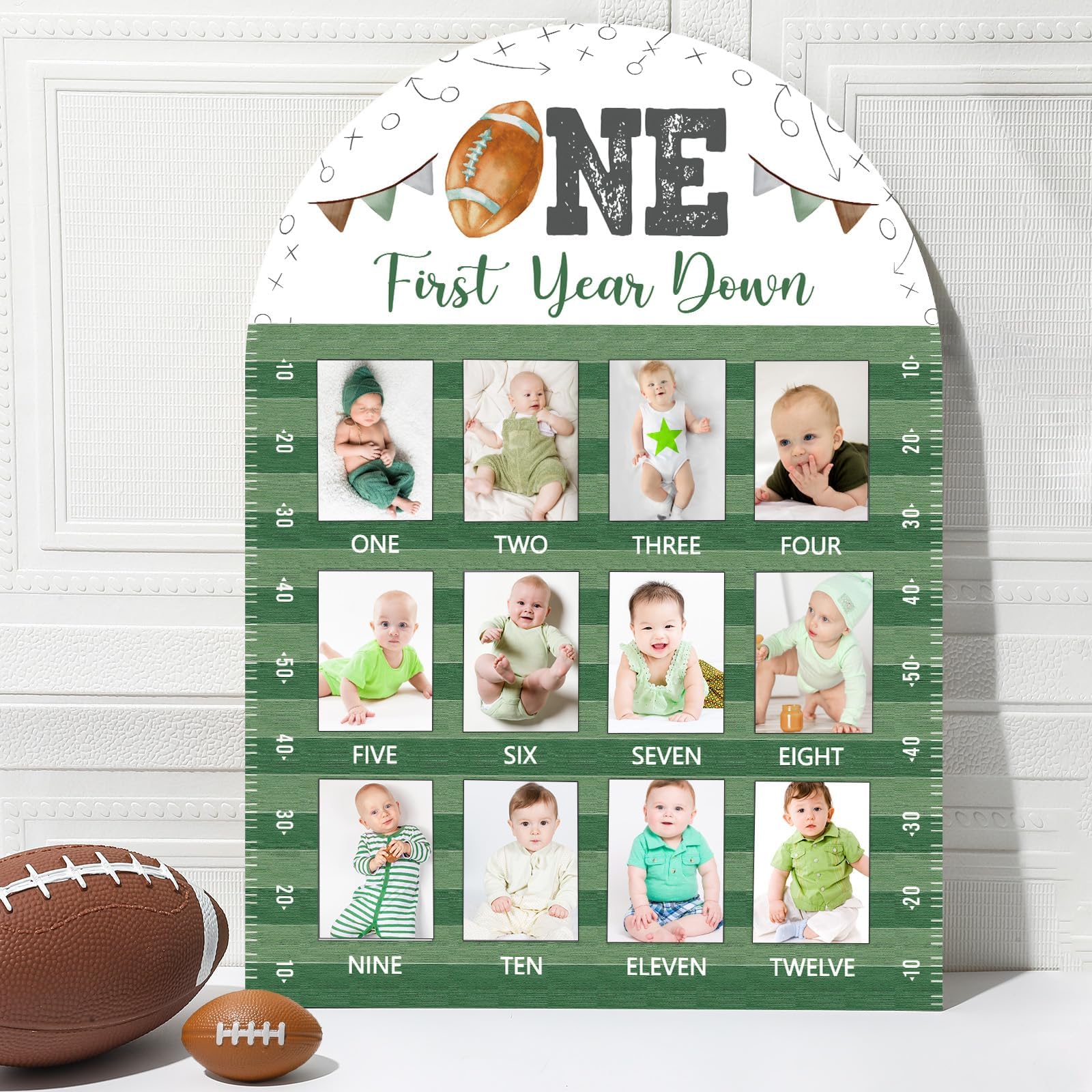 Football First Year Photo Board First Year Down Birthday Party Decorations Wooden Board 12 Monthly Milestone Picture Frame Sports 1st Birthday Photo