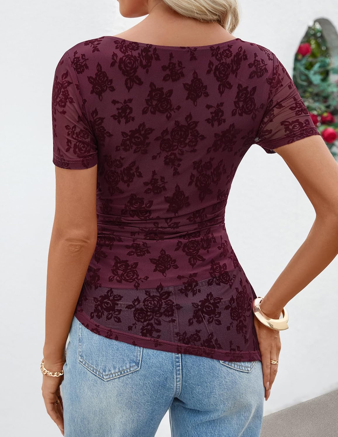 ZESICA Women's Summer Floral Short Sleeve Tops 2026 Mesh Crewneck Asymmetrical Ruched Fitted Going Out Shirts Y2K Clothes - Image 5