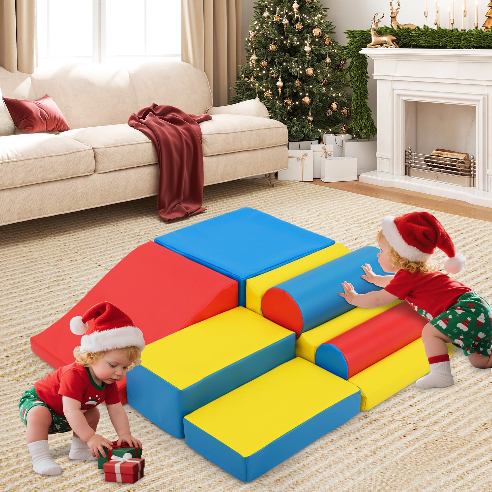 DREAMADE 7 tlg. Softbausteine für Baby & Kleinkinder, Schaumstoff Bausteine mit Klettverschlüssen, Wasserfester Kunstlederbezug, Rutschfeste Basis, Kletterblöcke für Baby Indoor Klettern & Toben, Bunt
