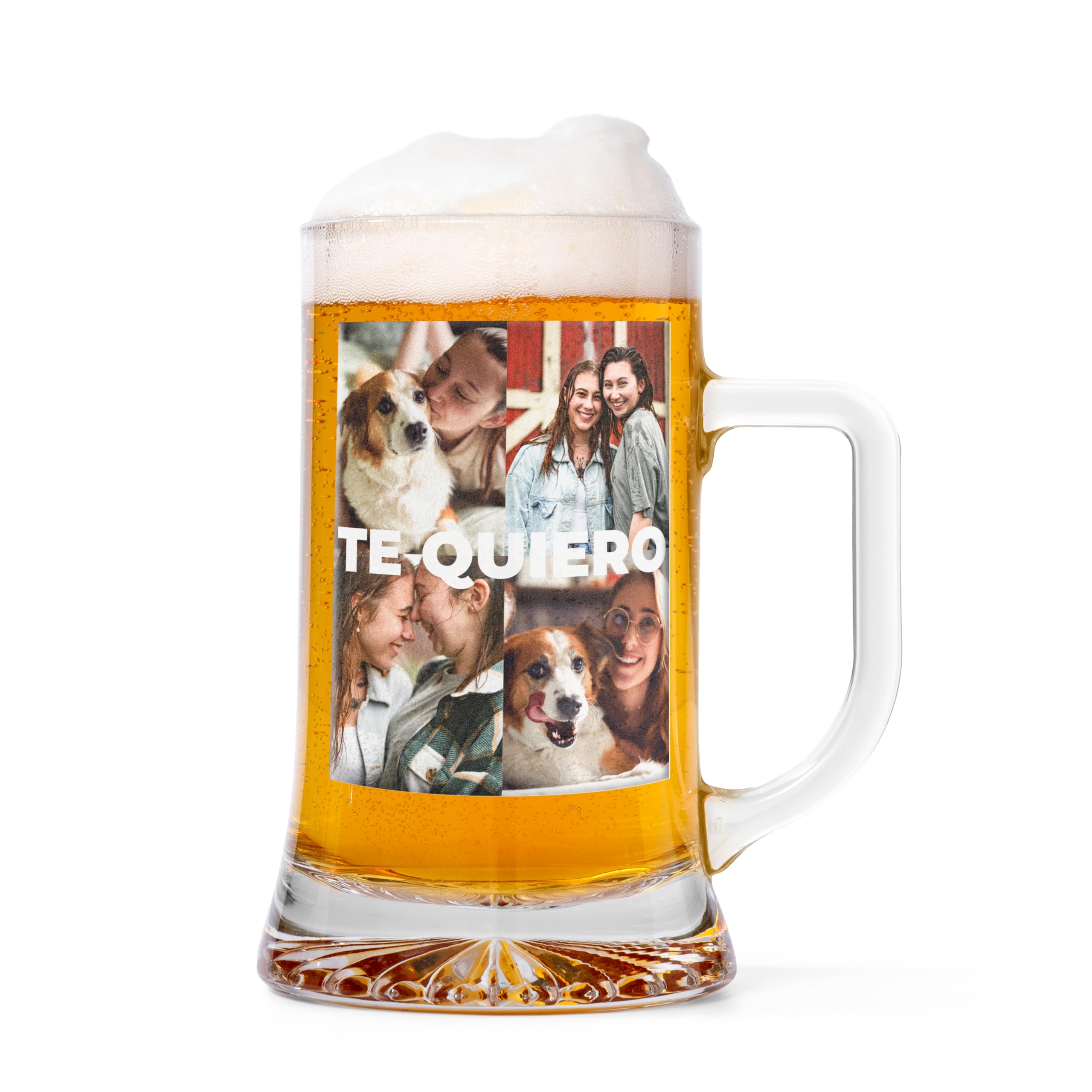 Jarra de Cerveza Personalizada con 4 Fotos y Texto – Jarra de Cristal Personalizada para Mamá, Papá o Pareja – Regalo Original para Cumpleaños, Día del Padre y Día de la Madre