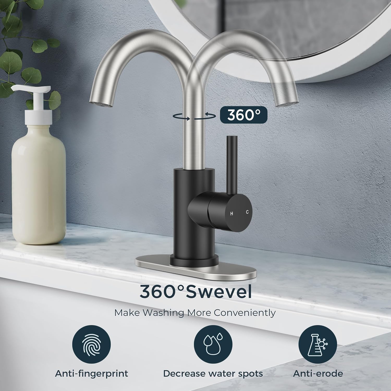 FORIOUS Black and Brushed Nickel Bathroom Sink Faucet 1 or 3 Hole with Pop Up Drain and Hoses, Single Handle Vanity Faucet for Bathroom Bar Kitchen RV, 360° Swivel High Arc Spout