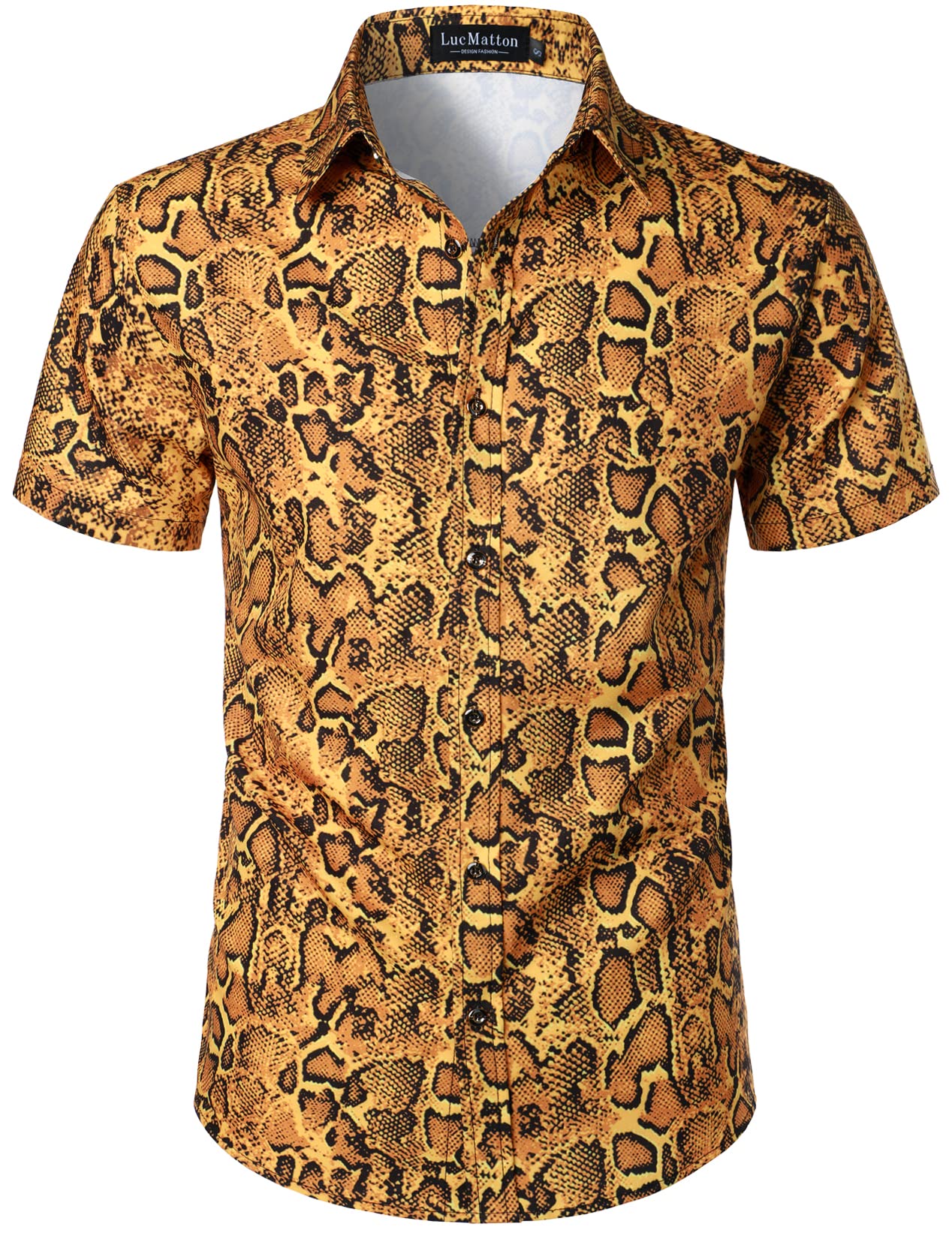 LucMattonMen's Hipster Short Sleeve Button Down Leopard Print Shirt for Club Rock Party