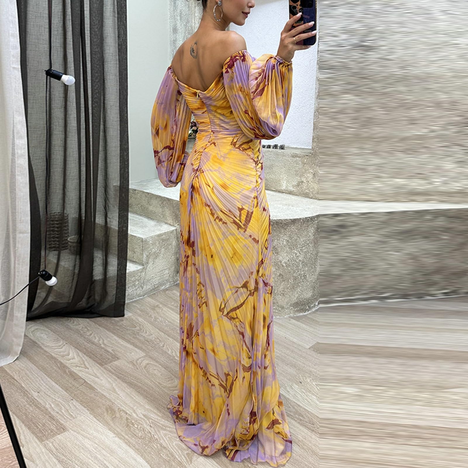 Abito floreale da donna, elegante, a maniche lunghe, con spalle scoperte, decorazione con strass, plissettato, maniche lunghe a lanterna, orlo diviso
