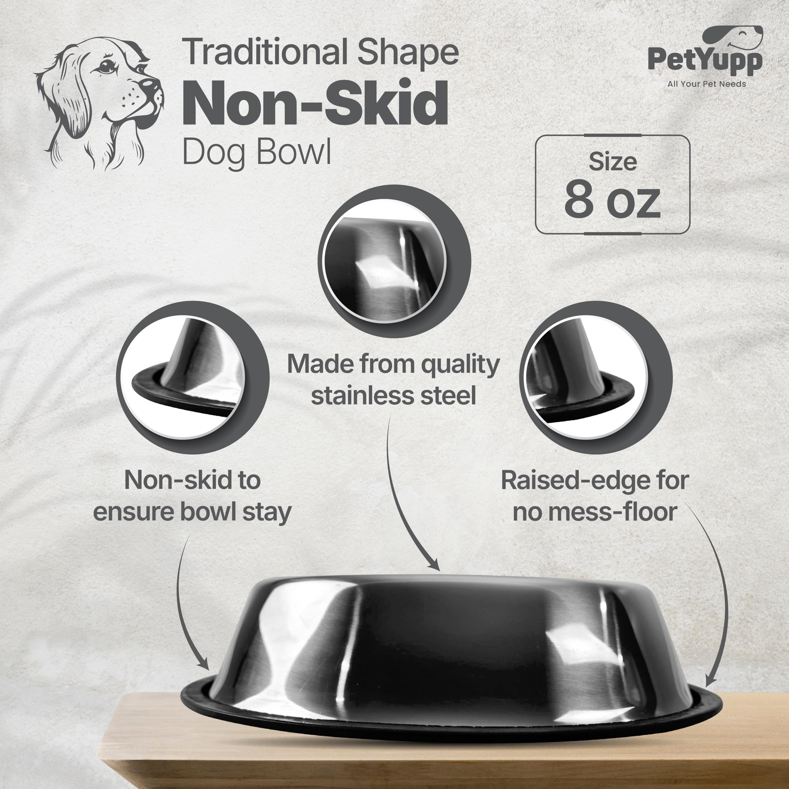 PetYupp Stainless Steel Non Skid Dog Bowl – Non-Slip Rubber Base, Rust-Proof & Dishwasher Safe – Durable Food and Water Bowl for Kittens and Small Animals – 8oz