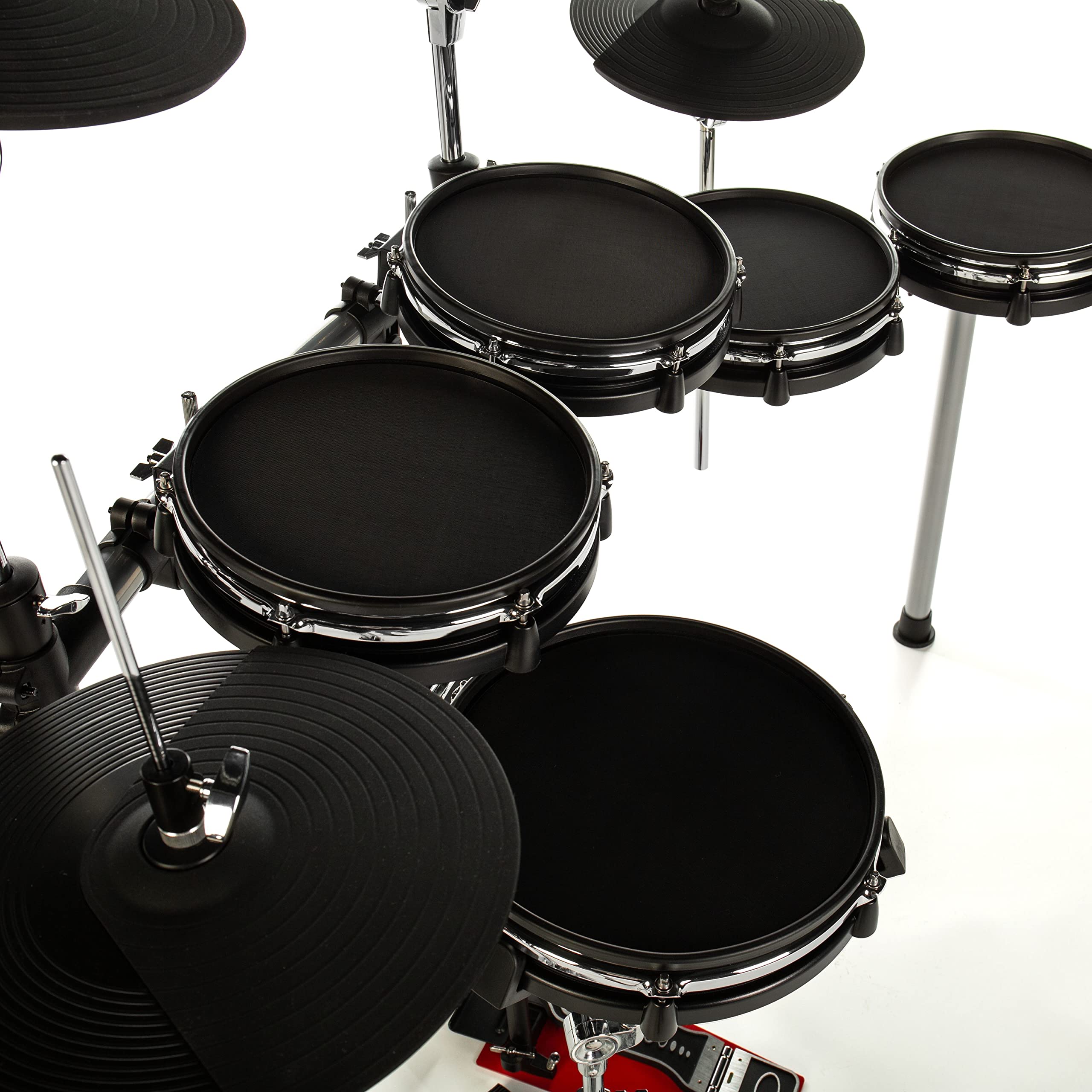 Fame Hybrid Pro E-Drum Set, Elektronisches Schlagzeug mit Gewebefellen, Stereo Mesh-Pads, 12“ Snare und Kick Pad, echter HiHat, 400 Sounds und Software Editor