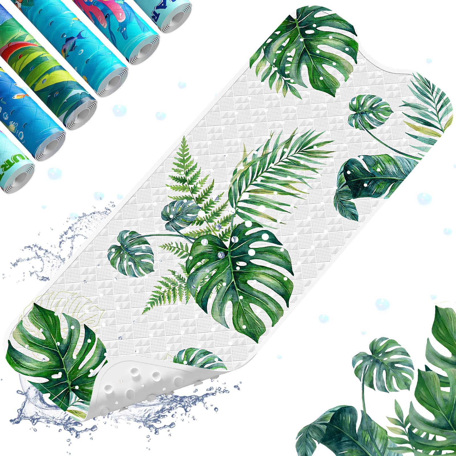 XIYUNTE Baby Bath Mats Non Slip Anti Mould, Cartoon Kids Bath Mat Non Slip, 100x40cm Extra Large Baby Shower Bath Mat with Suction Cups & Drain Holes, Machine Washable, Green Monstera