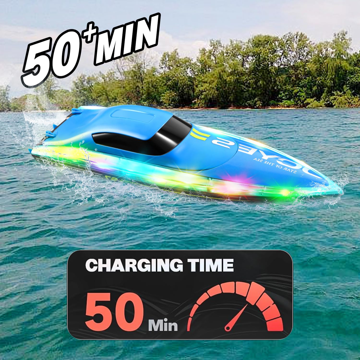 4DRC S7 RC Boat for Adults & Kids, High-Speed at 30KMH with 7 Mode LED Lights, Remote Control Boat for Pools and Lakes, 2 Rechargeable Batteries, Ideal Water Play Toy Gift for Boys & Girls