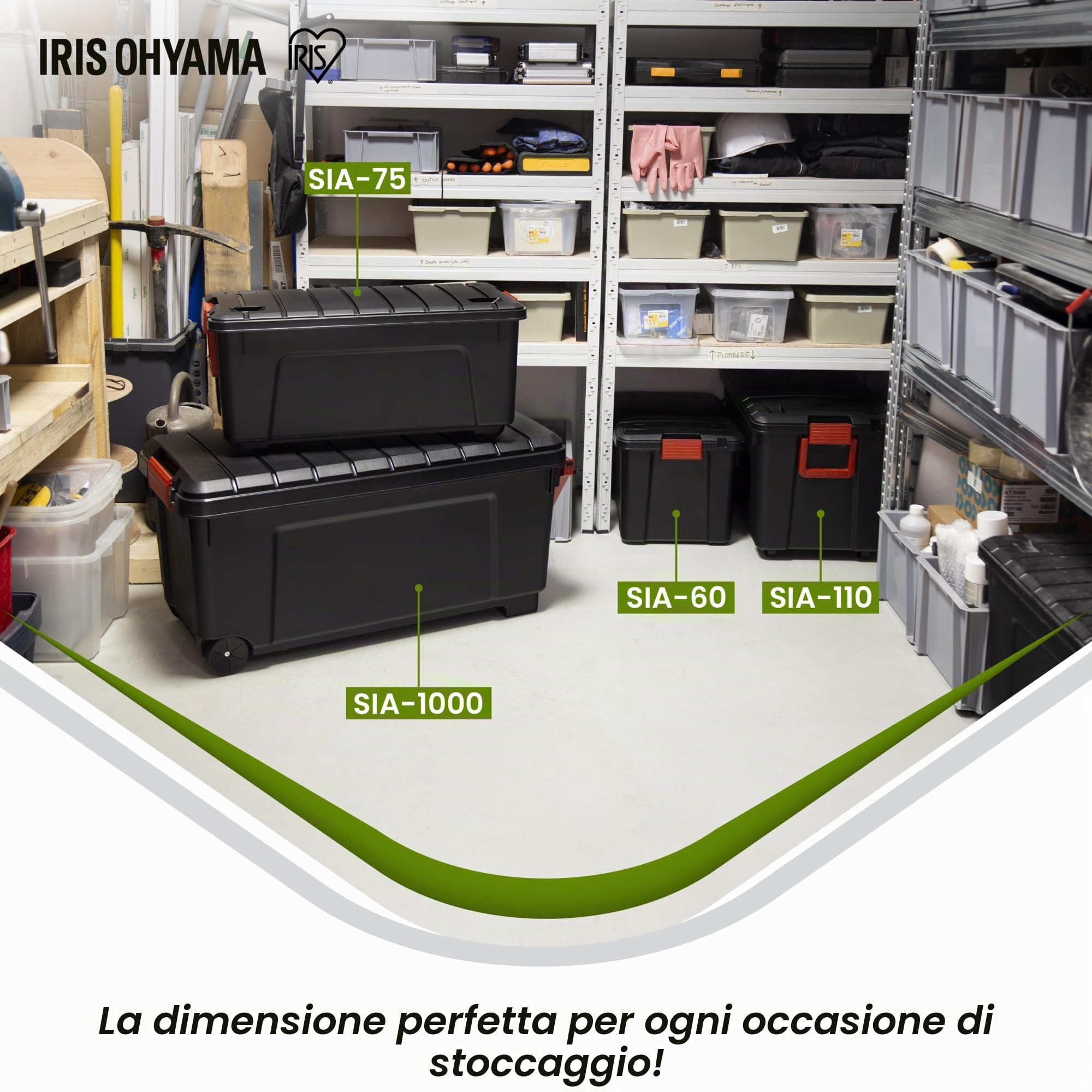 Iris Ohyama, Set di 3 scatole di immagazzinaggio, fai da te, 75 L, maniglia e ruote, mobile, garage, giardino - Store it All Box SIA-75 - Nero