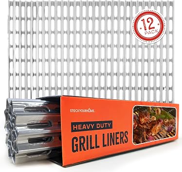 Stock Your Home 12 Pack Aluminum Grill Grate Liners, 12" x 20" No Mess Foil Disposable Grill Toppers for Outdoor Charcoal BBQs, Grilling Accessories