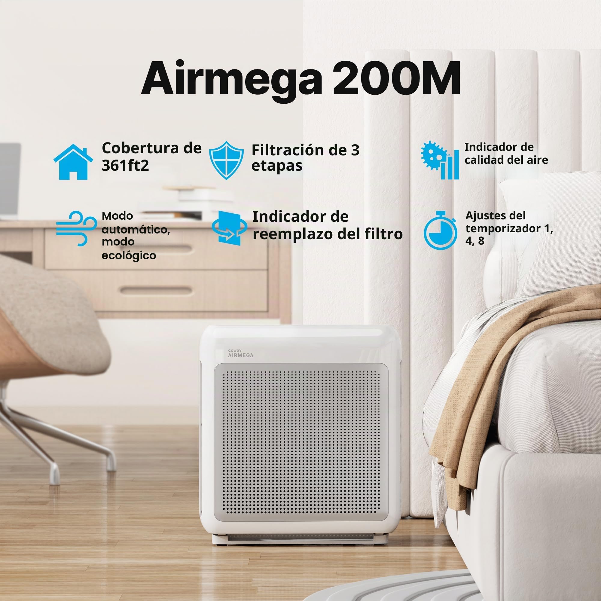 COWAY Purificadores de aire para el hogar de hasta 1.748 pies cuadrados, filtro HEPA verdadero para humo, alergias, caspa de mascotas, olor, monitor de calidad del aire, modo automático y ecológico,
