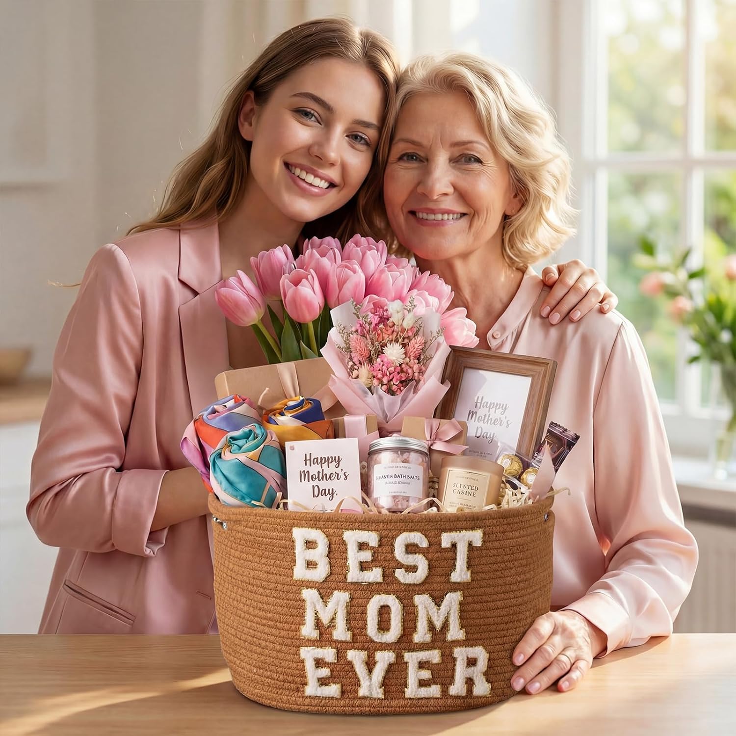 Willinglong Mother's Day Empty Basket for Gifts with Best MOM Ever Pattern, Woven Baskets with Handles for Mom, Mother's Day, Anniversary Birthday Party Home Decor, 15 x 10 x 9 Inch(Brown)