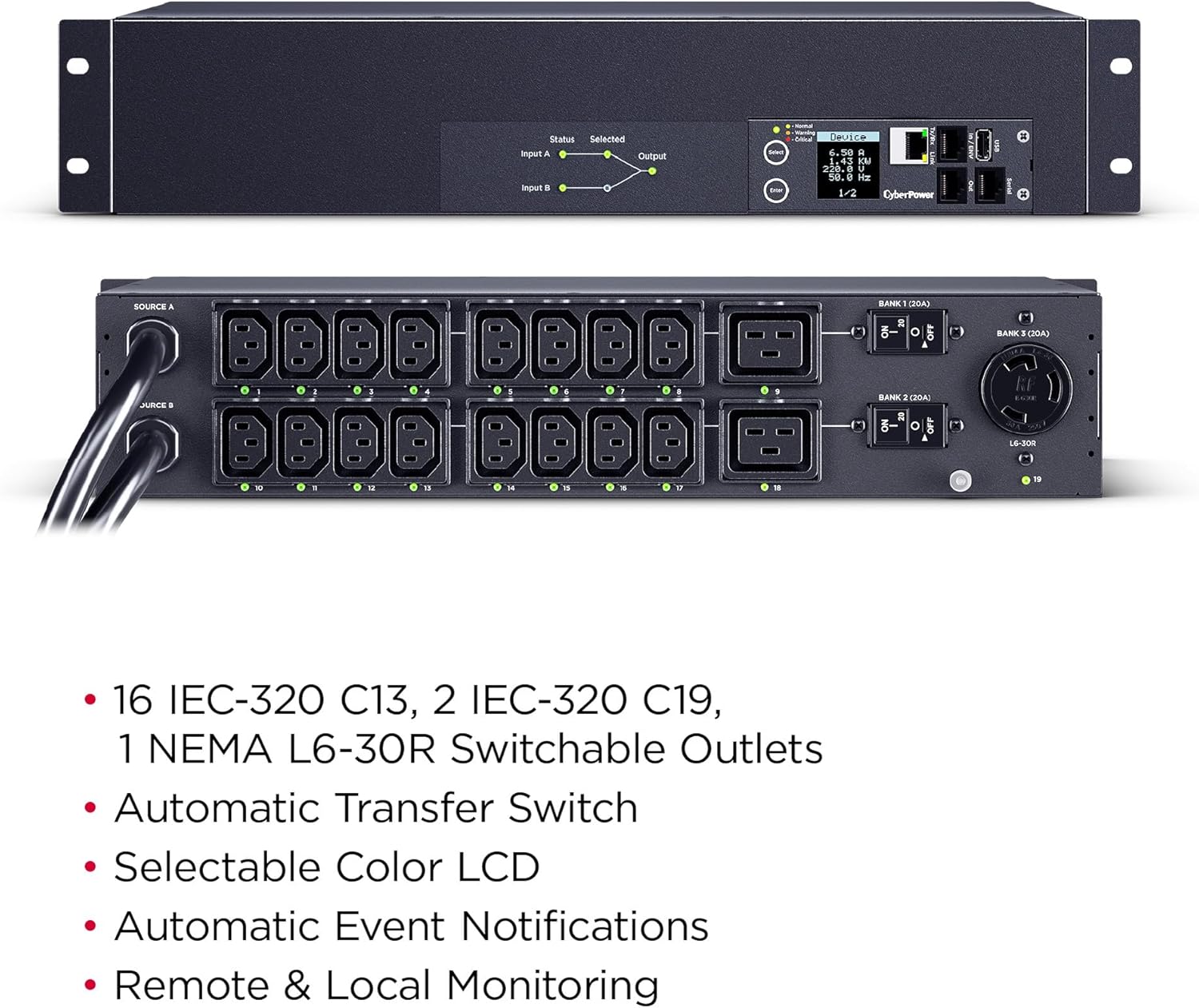 CyberPower PDU44007 Switched ATS PDU, 200-240V, 30A (Derated to 24A), 19 Outlets, 2U Rackmount