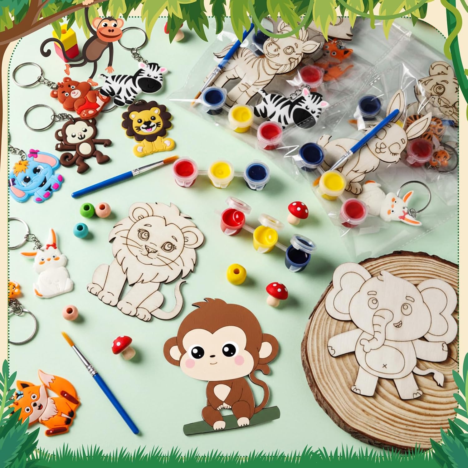 Honoson 24 Set Jungle Safari Party Favors Wood Painting Craft Kits Valentine's Day Gifts for Kids with Art Supplies, Animals Safari Keychain and Inspirational Cards for Valentine Boys Girls Gifts