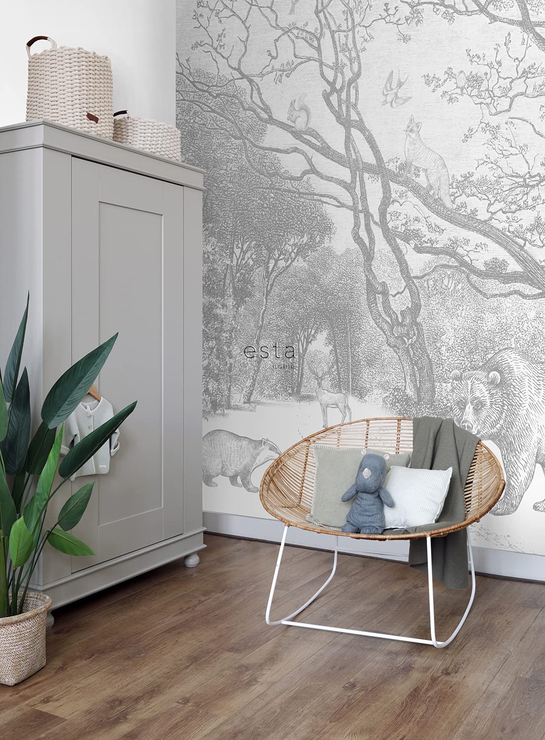 ESTAhome fototapeta las ze zwierzętami leśnymi szarym 350 x 279 cm