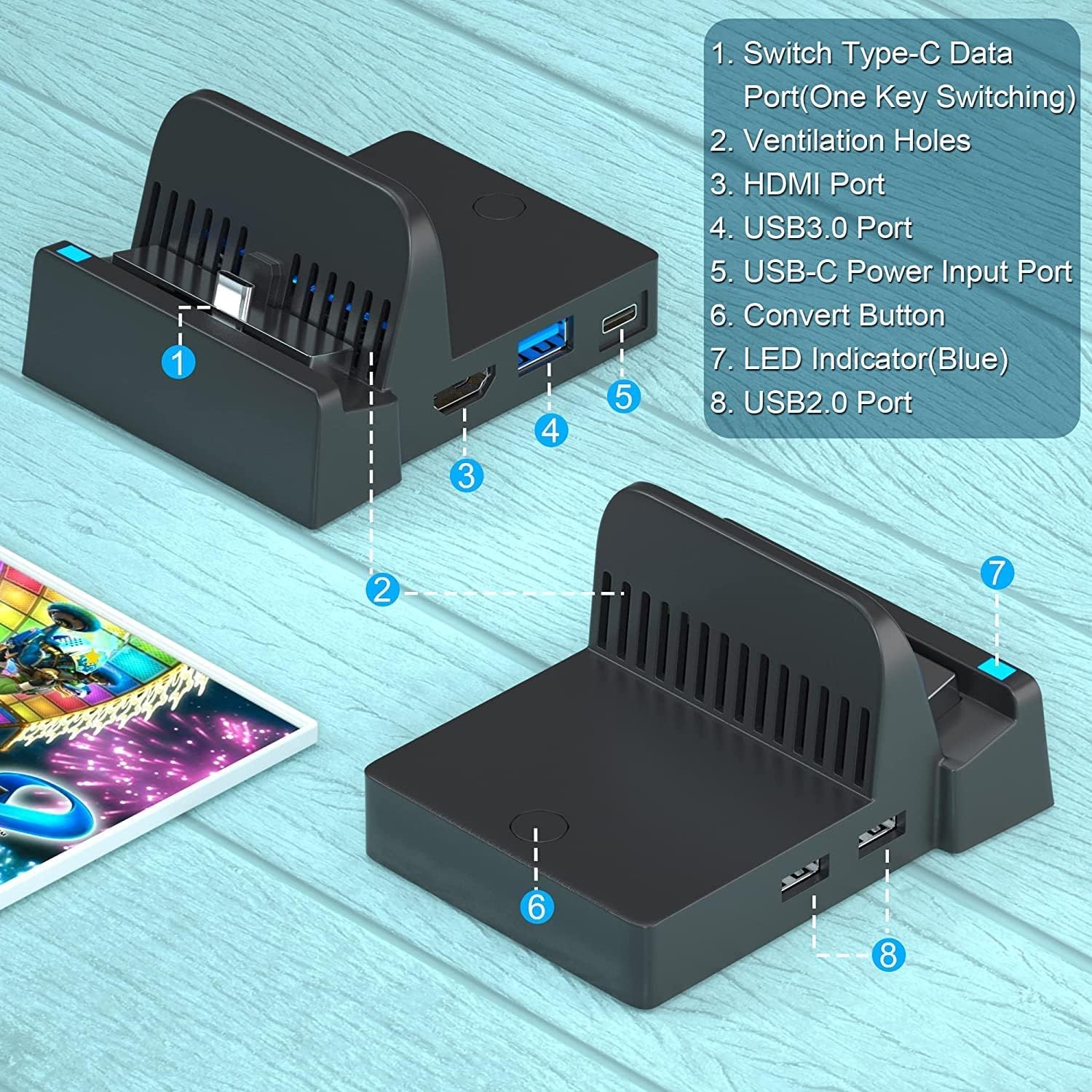 Ponkor Switch TV Docking Station para Switch, 1080P HD Switch TV Dock, 4K HD Switch/Switch OLED Adaptador con Interfaz HDMI y Puerto USB 3.0, Portátil USB C a HDMI TV Adaptador
