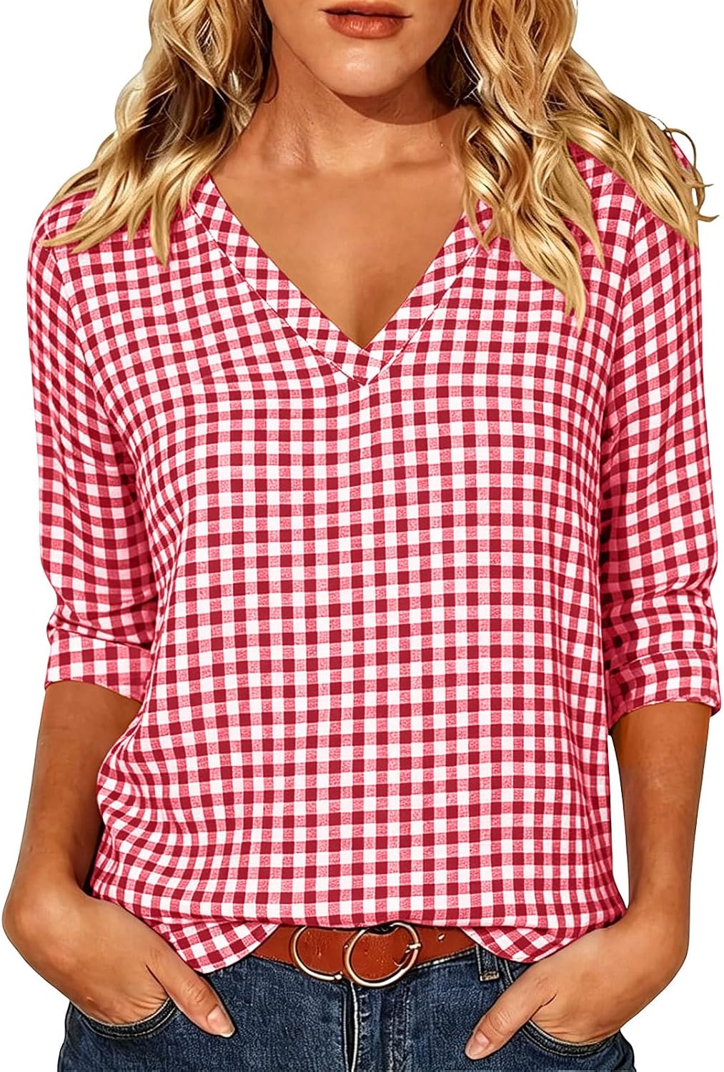 Plaid Printed Tops for Women Casual V Neck 3/4 Sleeve T Shirts | Comfy Loose Fit Tunic Fashion Blouses Relaxed Fit Business Work Outfits Classic Plus Size Office Basic Tees