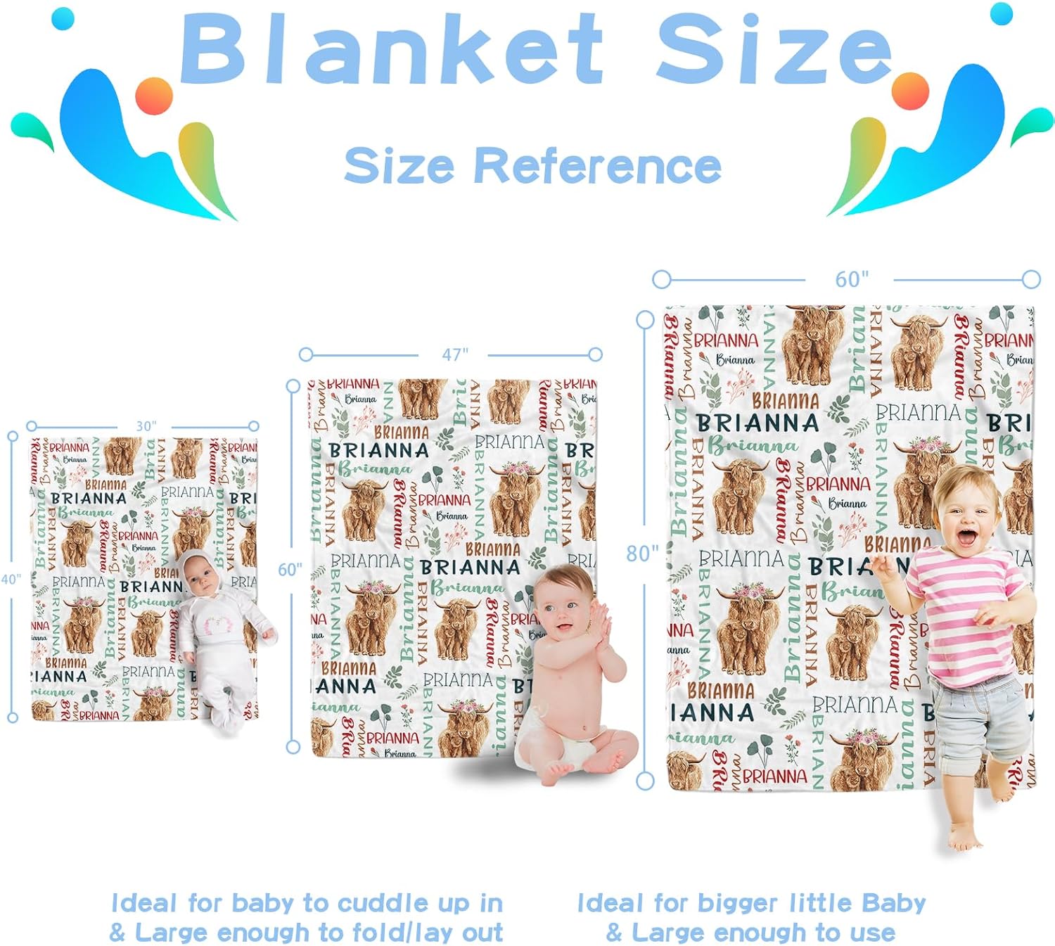 Personalized Baby Blanket for Boys Girls, Neutral Customized Baby Blanket with Name, Soft Warm Nursery Blanket Gift for Newborn Infant Toddler, Double Layer Dotted Backing Cow Light Green