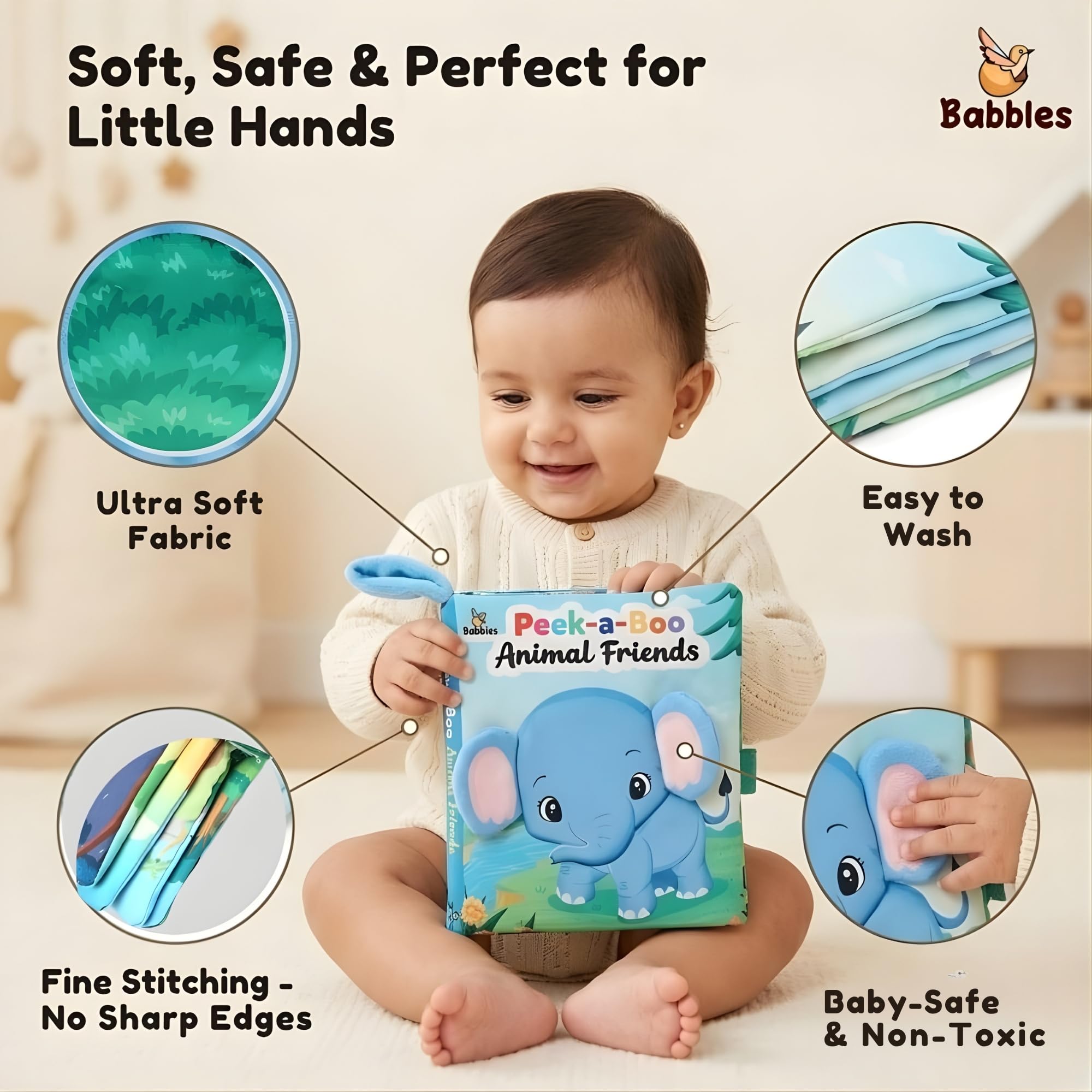 Babbles Peek-A-Boo Animal Baby Book, Soft Cloth Book for Infants & Toddlers with Crinkle Pages, Flaps & Textures, Sensory Play Toy, Gift for Baby Ages 6 Months and Up 4