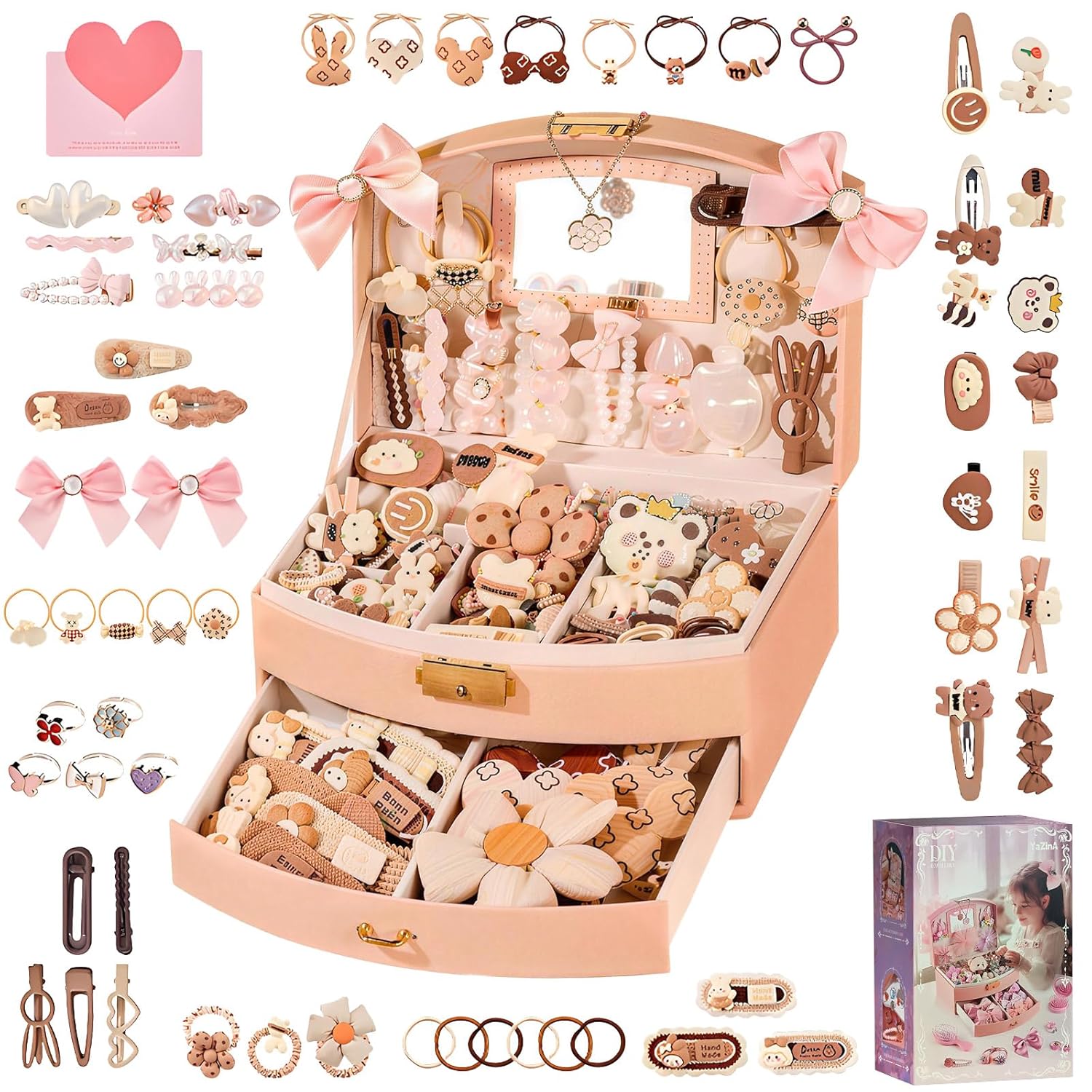Kids Jewelry Box with Hair Accessories for Girls, Storage Organizer Case with Display Lid & Drawer, Hair Clips Barrettes Bows Hair Ties, Rings & Necklace Set for Girls Age 3-12