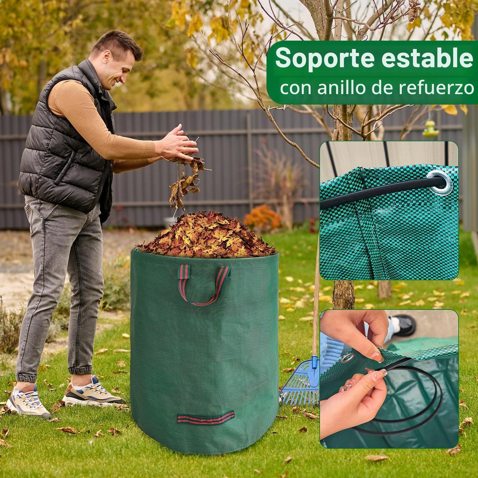 4X Bolsas de Basura de Jardín, 272 L Sacos Con Asas, Plegables, Repelentes al Agua, Reutilizables y Estables