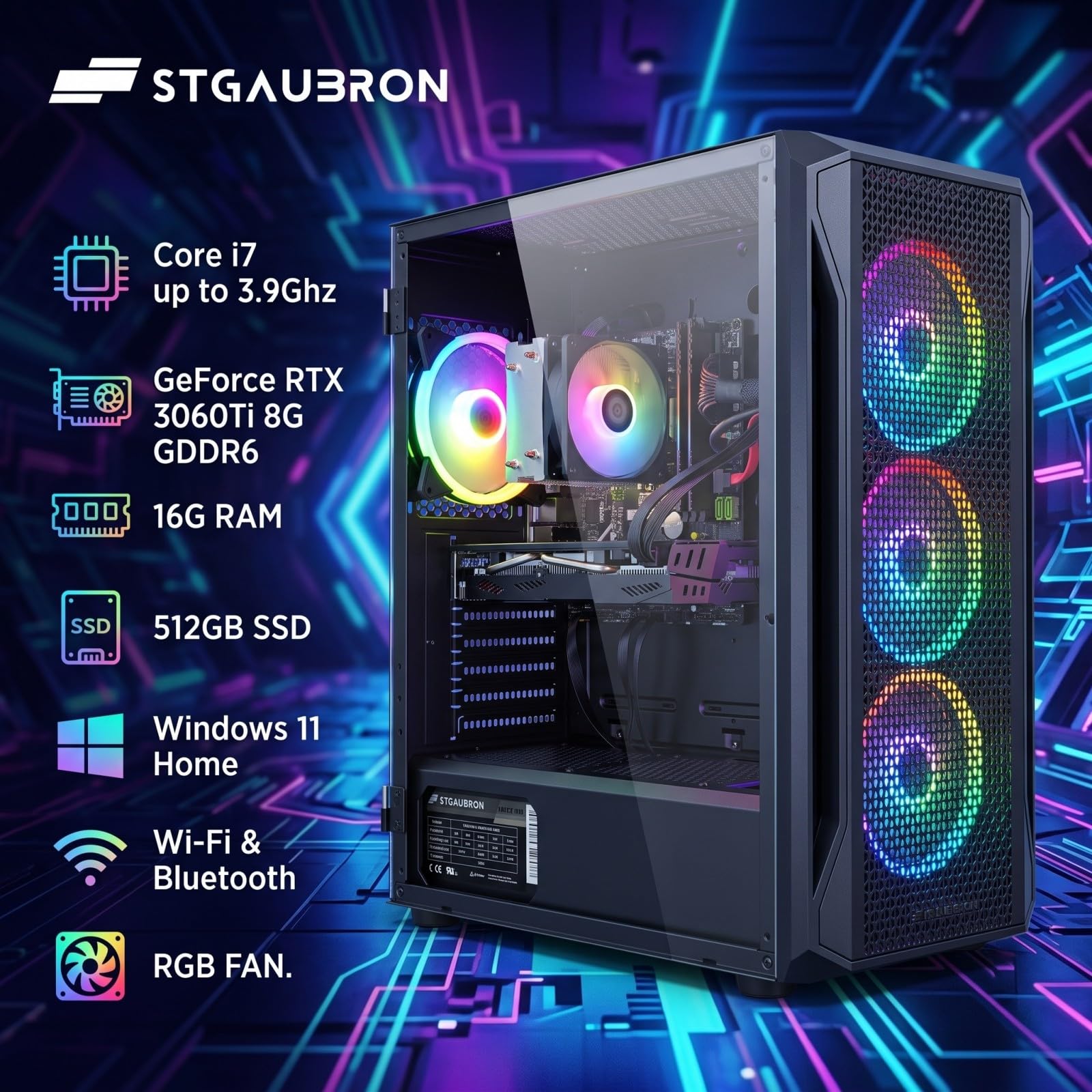 STGAubron Gaming PC Desktop,Core I7,RTX 3060Ti 8G,16G RAM,512G SSD | Gaming Computer Tower for Streaming,Video Editing,Home,School,I7 up to 3.9GHz,ARGB Fan,WiFi 6,BT 5.0,4K DP,HDMI,Win11 Home image 2
