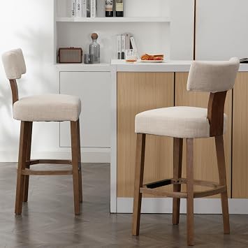 RIVOVA 30 Bar Stools Set of 2 Counter Height Bar Stools Modern Kitchen Bar Stools with Back & Solid Wood Legs, Farmhouse Upholstered Island Stools Countertop Bar Chairs, Beige