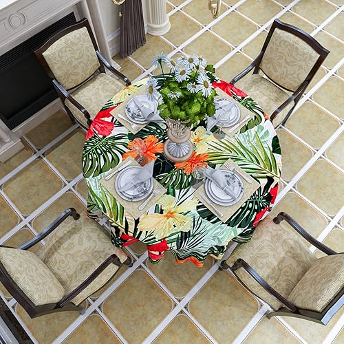 Vista 4 de Mantel redondo tropical, mantel de palmera hawaiana con flores de hibisco, fiesta temática Aloha/Luau, mantel impermeable lavable para cenas