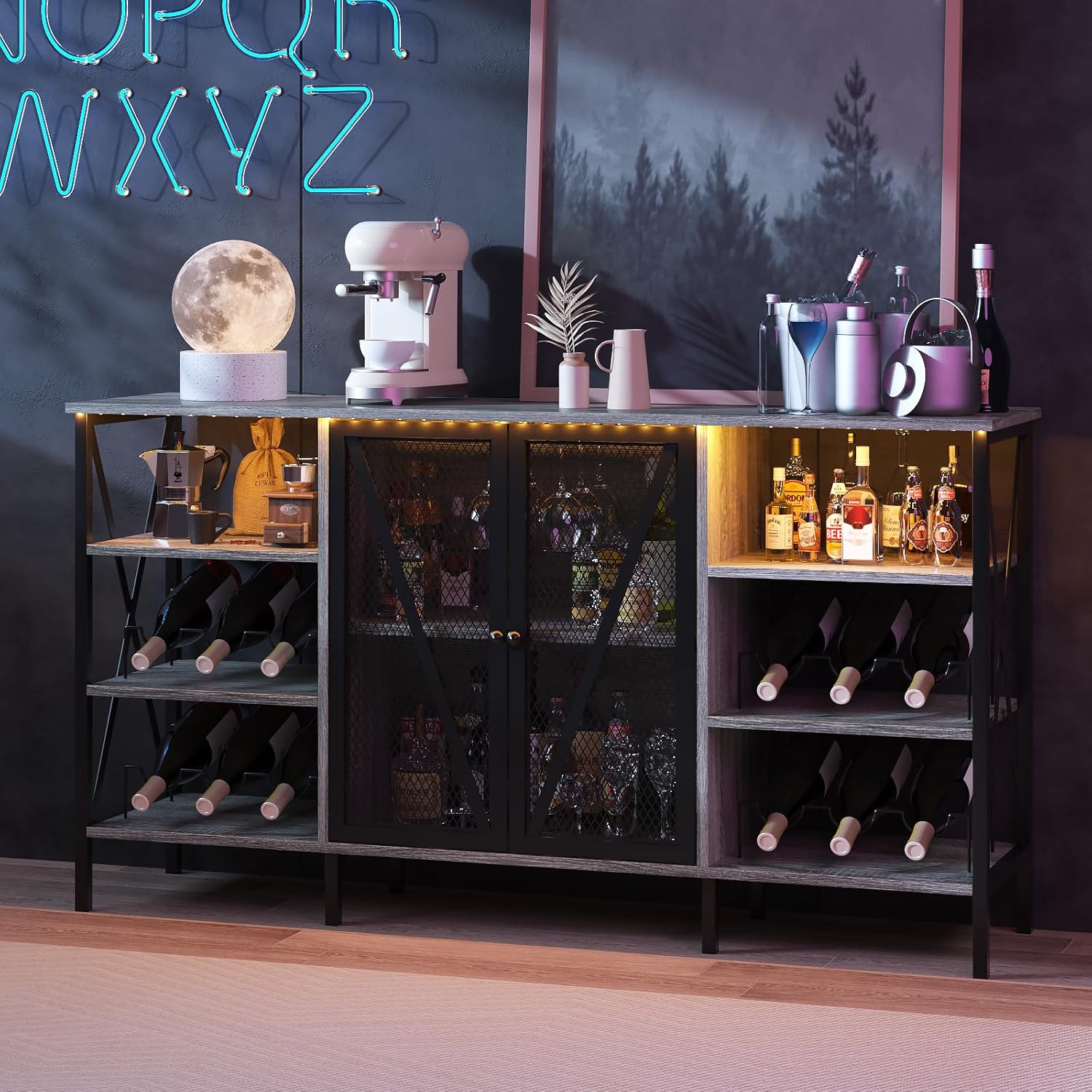 Garvee Farmhouse Wine Bar Cabinet with Wine Rack and Glass Holder, Industry Coffee Bar with Led Light, Metal Sideboard and Liquor Table Cabinet with Mesh Door for Living Room, 55.12 in, Dark Grey