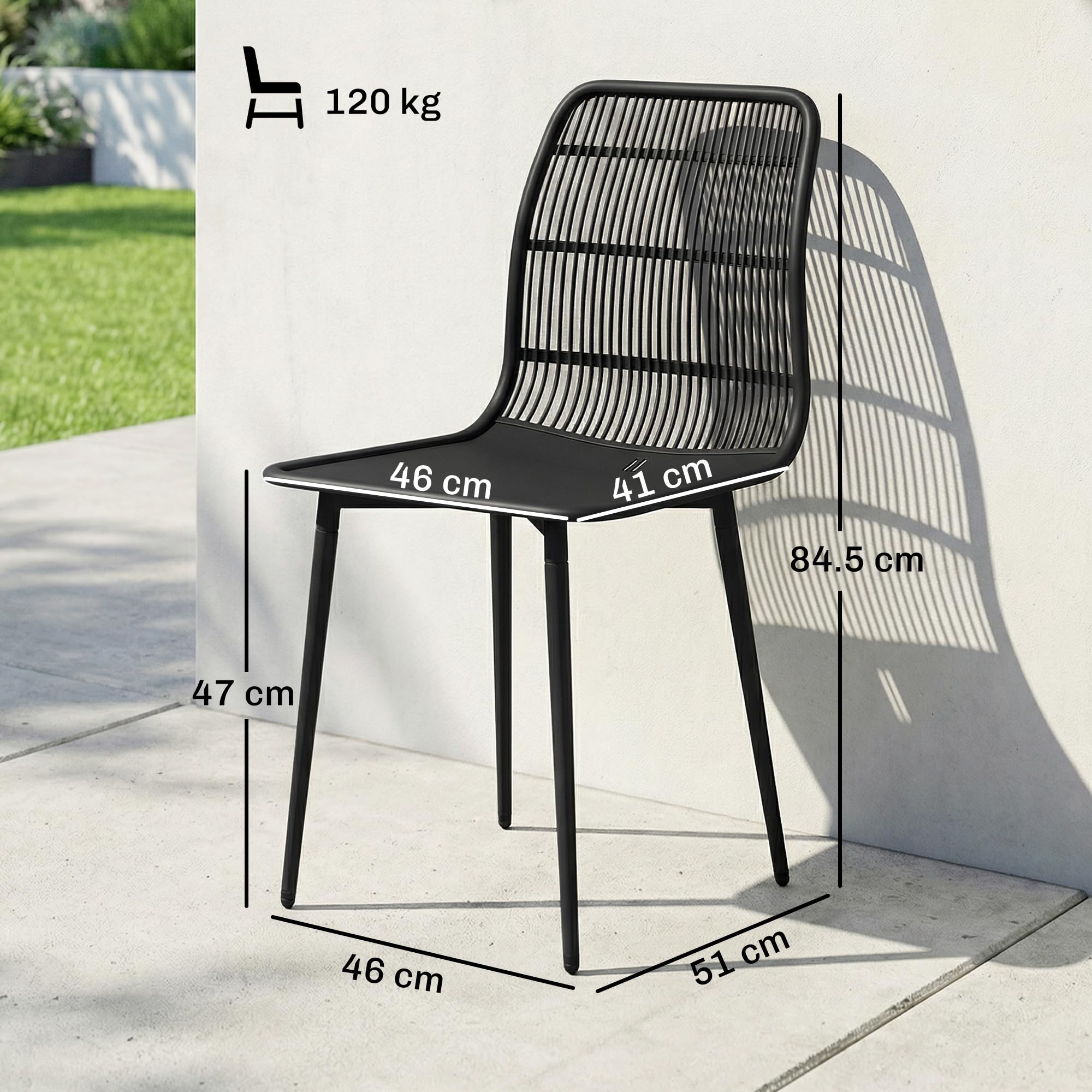 Outsunny Juego de 4 sillas de jardín de polipropileno con respaldo ergonómico, sillas para comedor de exterior de metal, para patio, balcón, terraza, exterior, 46 x 51 x 84,5 cm, negro