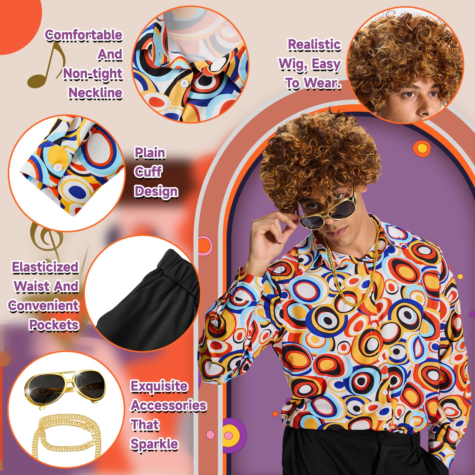 Ulikey Déguisement Année 70 Homme, Tenue Année 6070 Hommes Ensemble de Costume Rétro Hippie avec Perruque, Chemise, Pantalon à Pattes d'éléphant et Accessoires Disco pour Carnaval