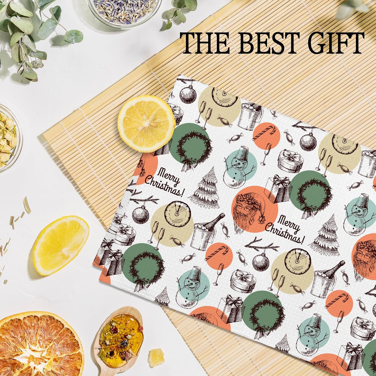 Giosve Vintage Merry Christmas Bar Kitchen Towels, Christmas Decorative Hand Towels, Rustic Retro Winter Xmas Snowman Tree Wreath Dish Tea Towel for Kitchen Bar Cart Decor, 16x24 Inch - Image 6