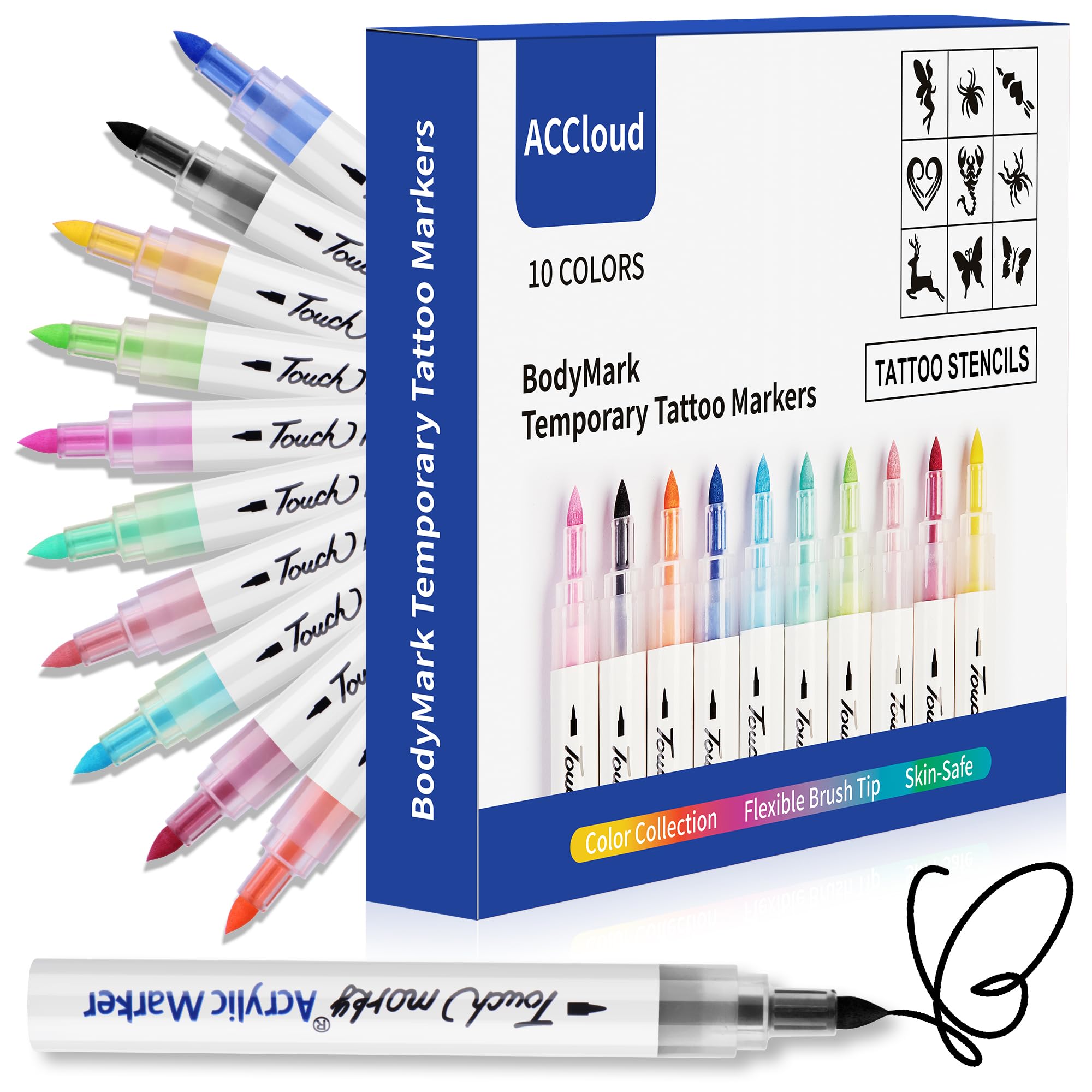 ACCloud Marcatori tatuaggi temporanei per la pelle Kit penne di vernice, 10 Marcatori corpo+ Tattoo Stencils Kit, Punta flessibile della spazzola, Pelle sicura, Kit trucco per Halloween