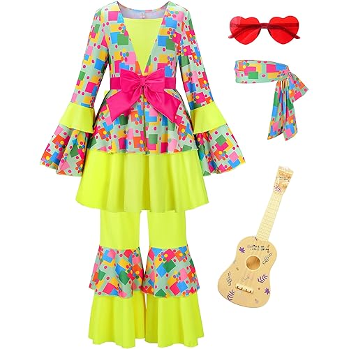 ReliBeauty Hippie Costume for Girls Disco Diva Costume for Girls Cute Halloween Costumes for kids 70s 80s 60s Outfits Kids