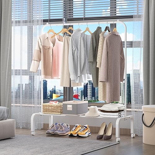 Miniatura 4 de Perchero de metal con ruedas, estante de ropa con ruedas, estante inferior para colgar ropa, camisas, jeans y abrigos, color blanco