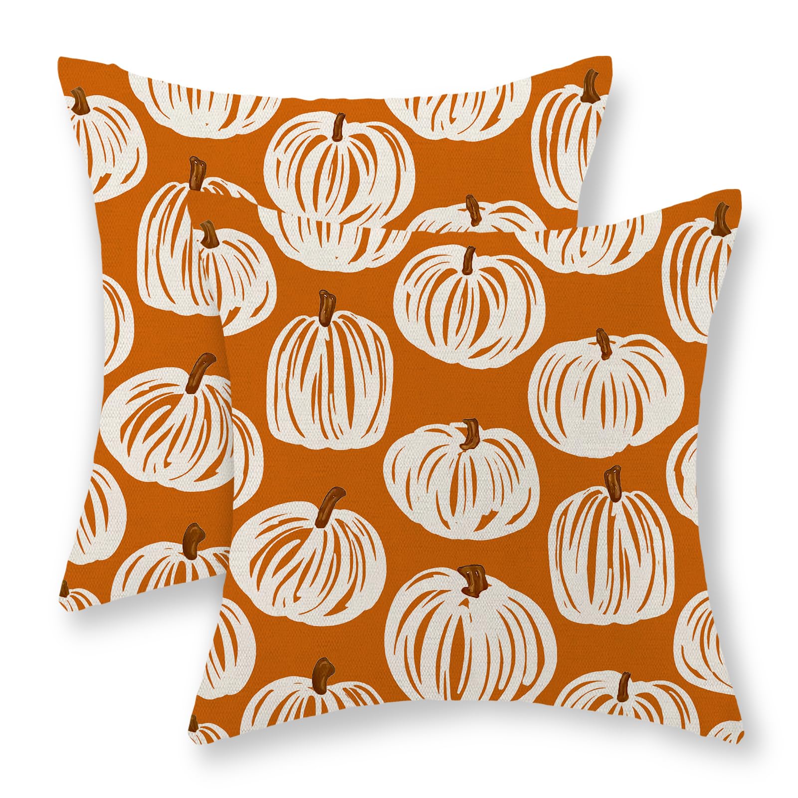 Fall Pillow Covers 18x18 Inch Set of 2 White Thick Lines Pumpkin Throw Pillows Outdoor Fall Decoration Pillowcases Autumn Harvest Orange Cushion Case