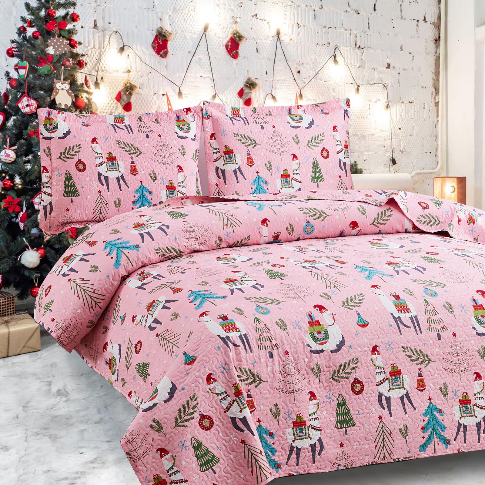 CHESITY Christmas Bedding Quilt Set Twin Size 3-Piece Kids Bedspread Xmas Bedding Set with Alpaca Pattern Lightweight Coverlet Cover for All Season (Pink, 1 Quilt + 2 Pillowcases)