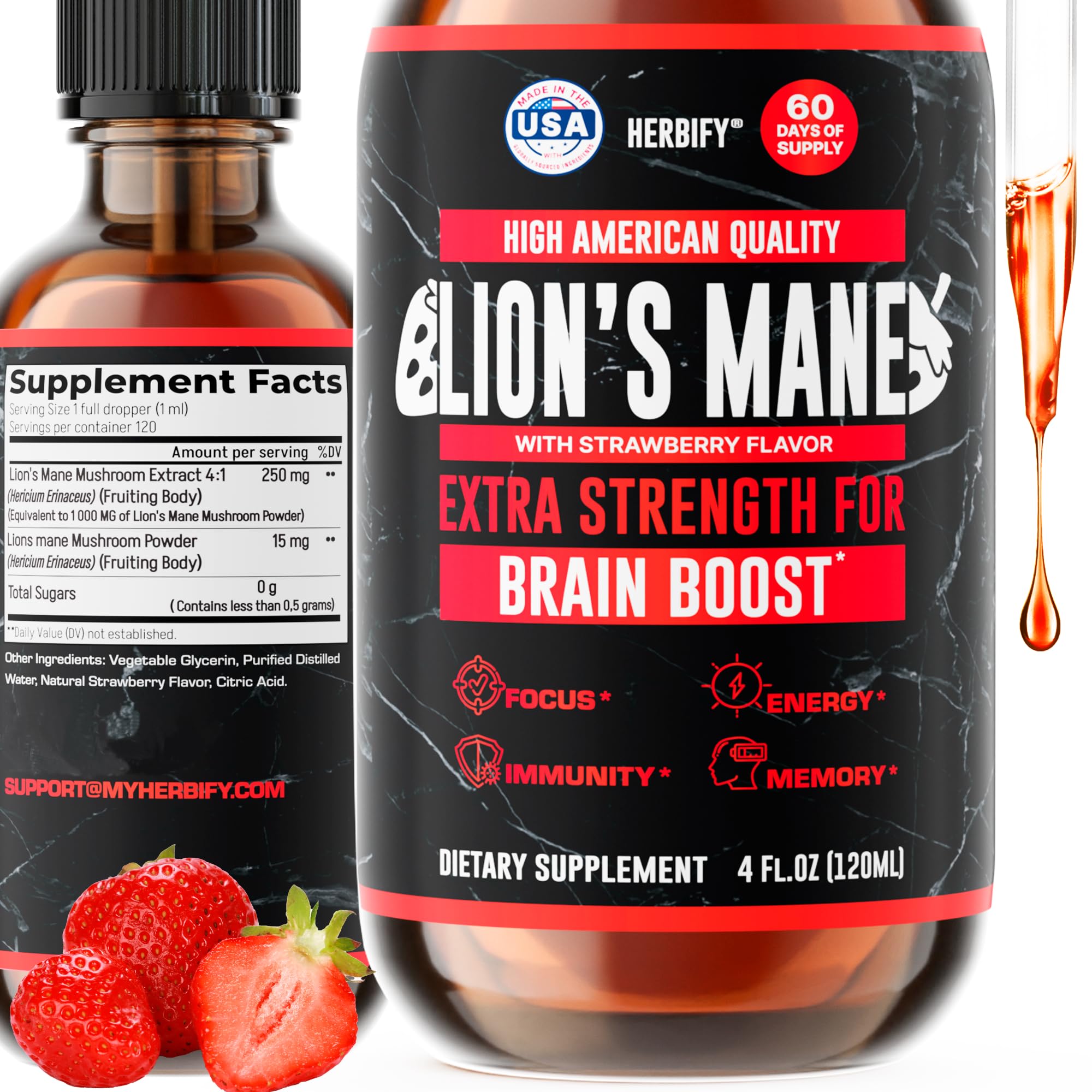 HERBIFY Lions Mane Supplement - Daily Mushroom Supplement for Memory, Focus & Clarity - Brain Booster - Lions Mane Tincture for Immune Support - 4 Fl oz Strawberry Flavor
