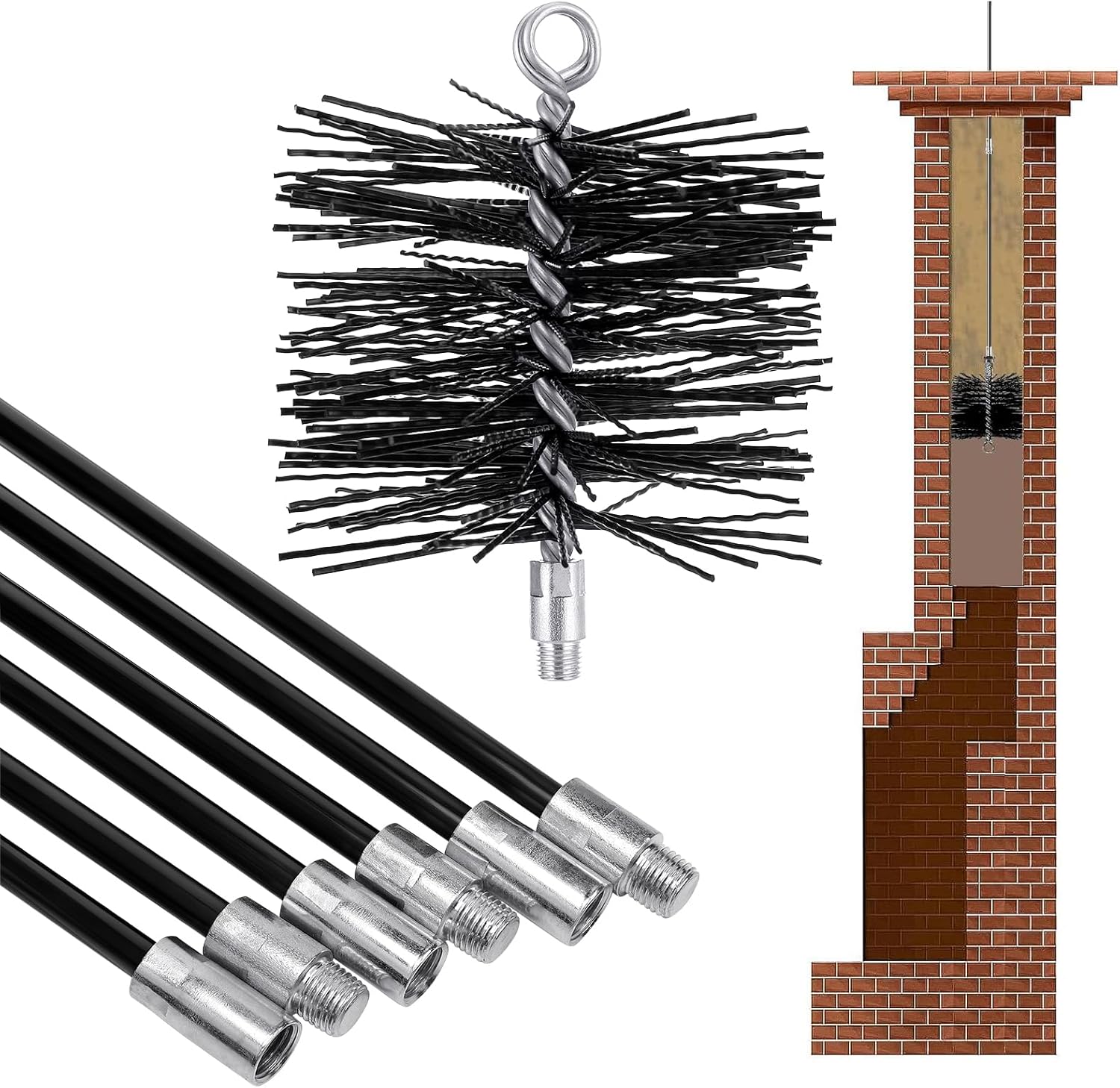 18 ft total fiberglass chimney rod kit - 6pcs 3 ft each fiberglass chimney cleaning rod, 6 inch chimney cleaning brush with standard 1/4" npt end fitting, for cleaning chimney hearth fireplace