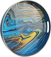Vista 10 de Spsyrine - Bandeja decorativa redonda azul de 13 pulgadas, bandeja de mesa de servir de plástico con asas para desayuno, otomana, mesa de café