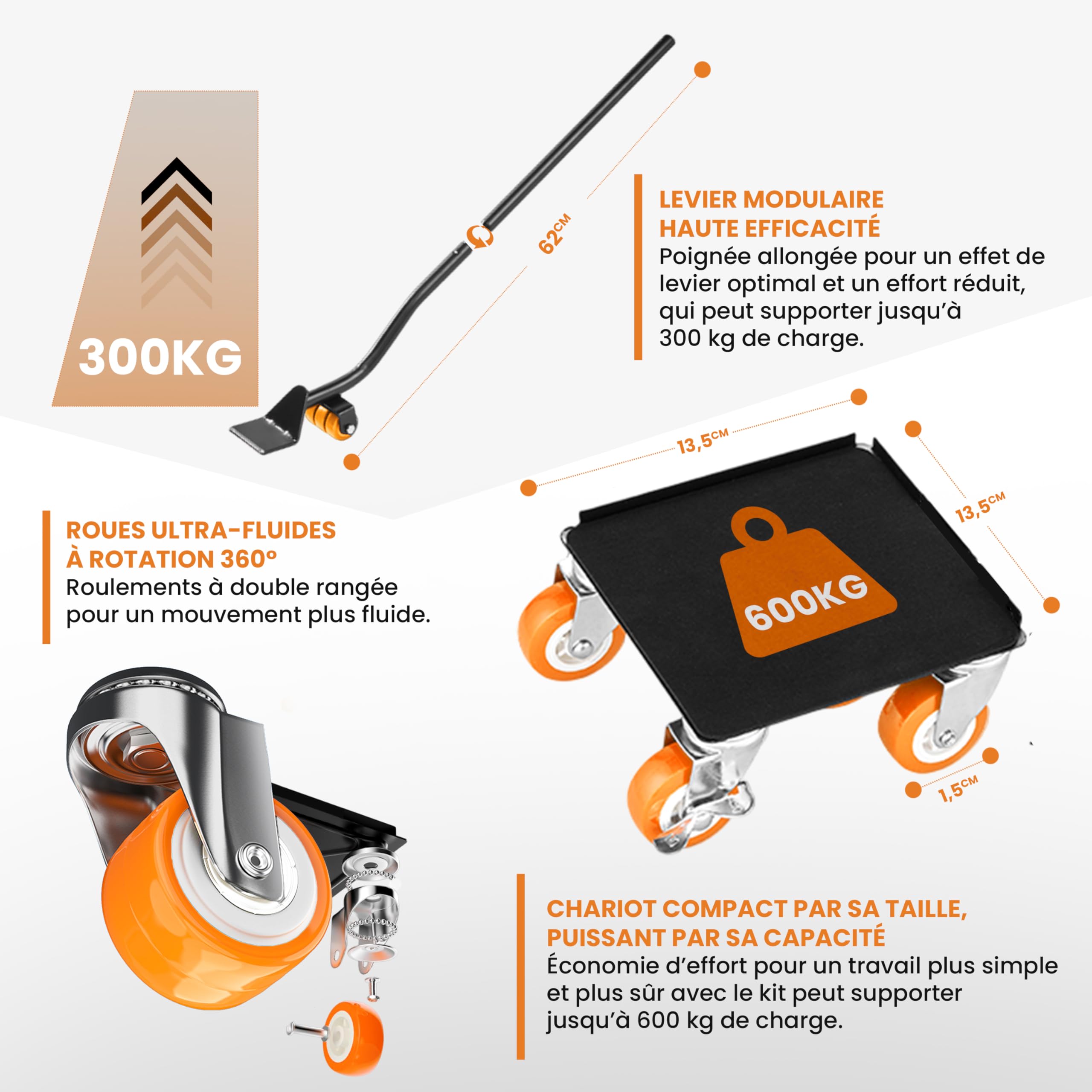 Kit Deplace Meuble 600kg - Leve Meuble avec Plateau Roulant et Roulette Charge Lourde - Chariot Demenagement pour Soulever et Déplacer Meuble sans Effort - Patins glisseurs pour Meubles - EASY MOVERS